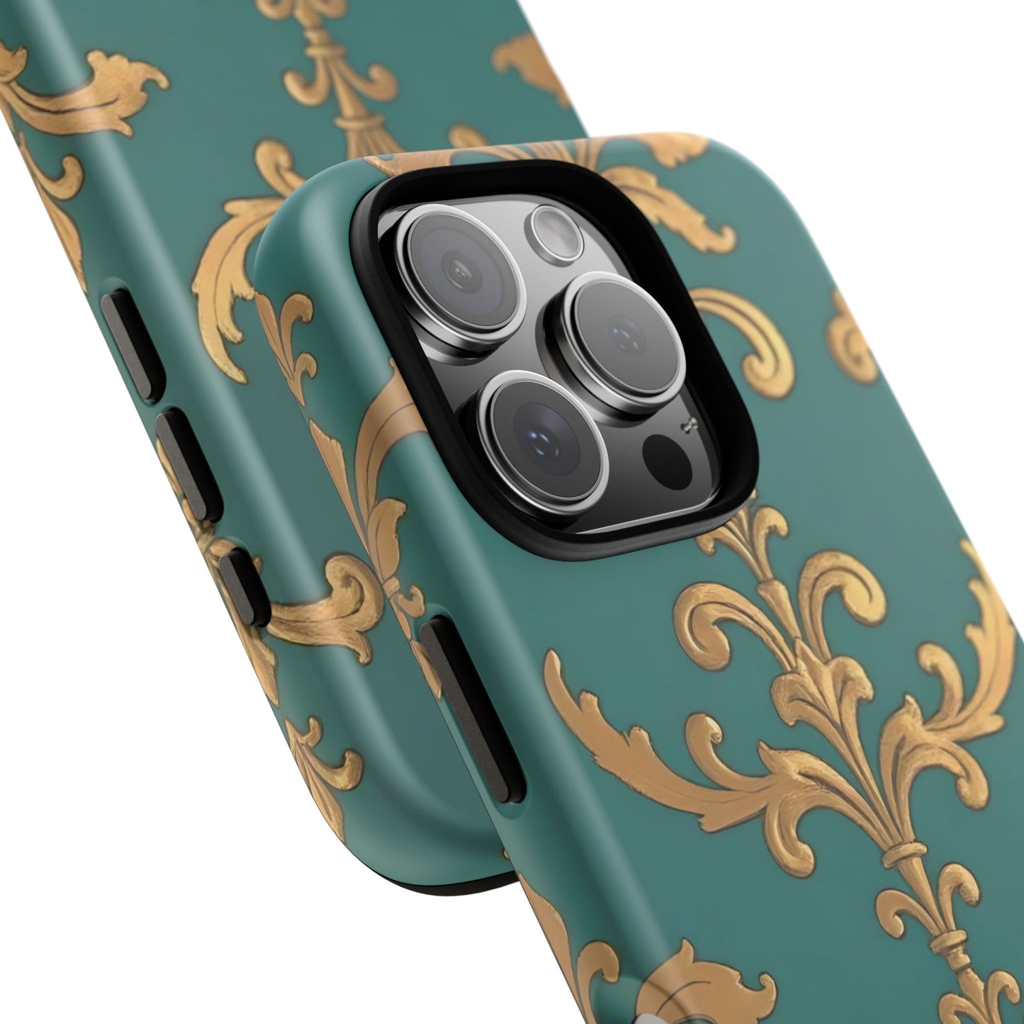 Elegant Floral Motif Phone Case - Tough Cases with Vintage Design - Aqua & Gold Damask
