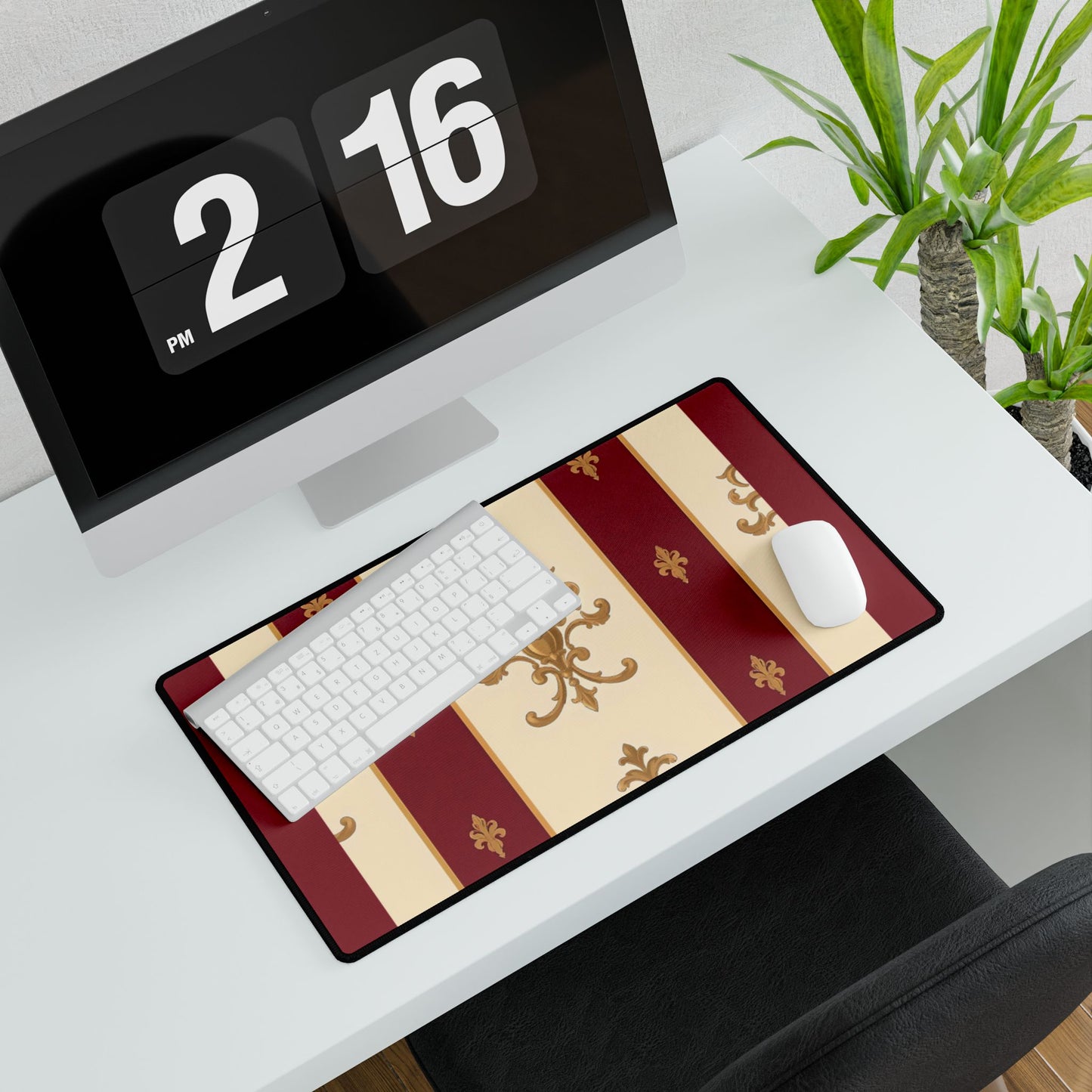 Elegant Floral Motif Desk Mat for Home Office Decor - Dusk Red Striped Gold Damask
