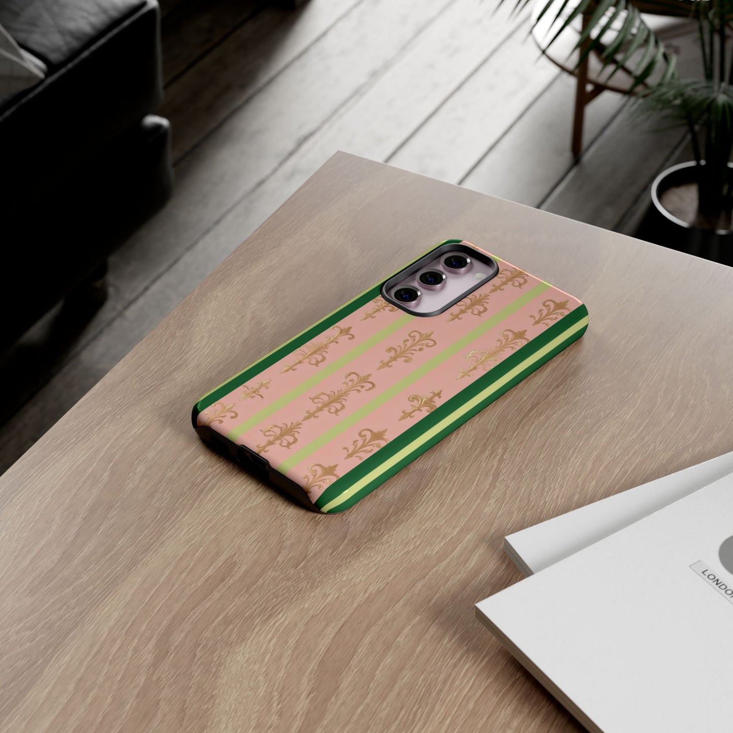 Elegant Floral Motif Phone Case - Tough Cases with Vintage Design - Lime Green & Pink Striped Damask