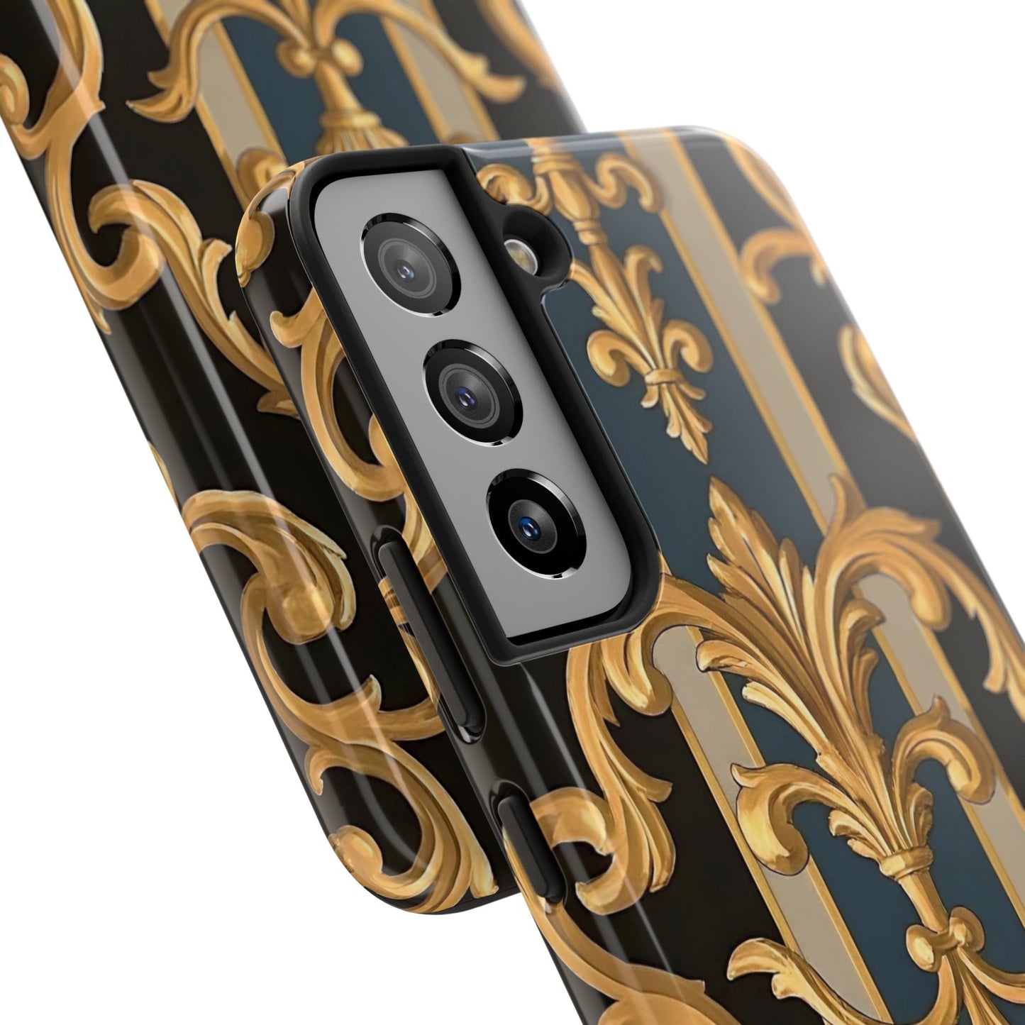 Elegant Rococo Phone Cases, Tough iPhone Case, Floral Design Case, Luxury Phone Cover - Blue & Black Striped Rococo
