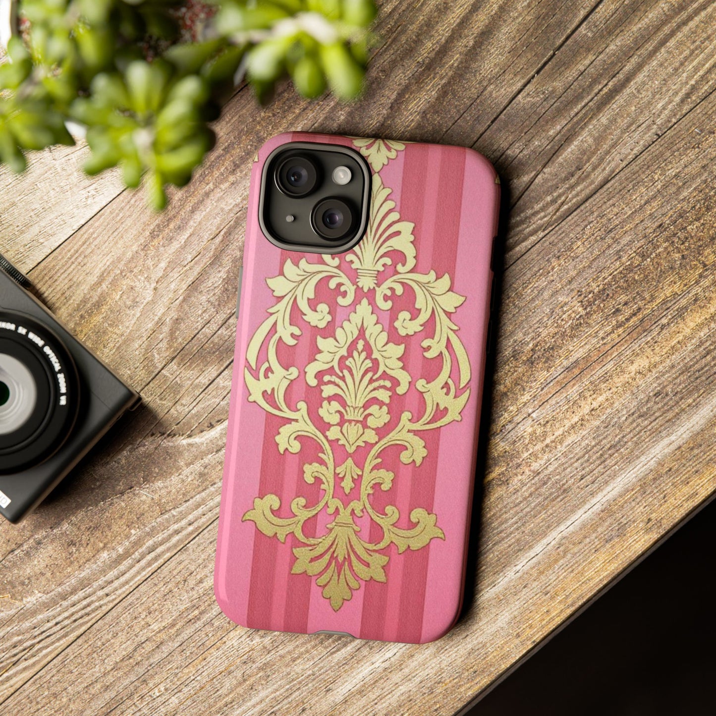 Elegant Floral Motif Phone Case - Tough Cases with Vintage Design - Pink Striped Damask