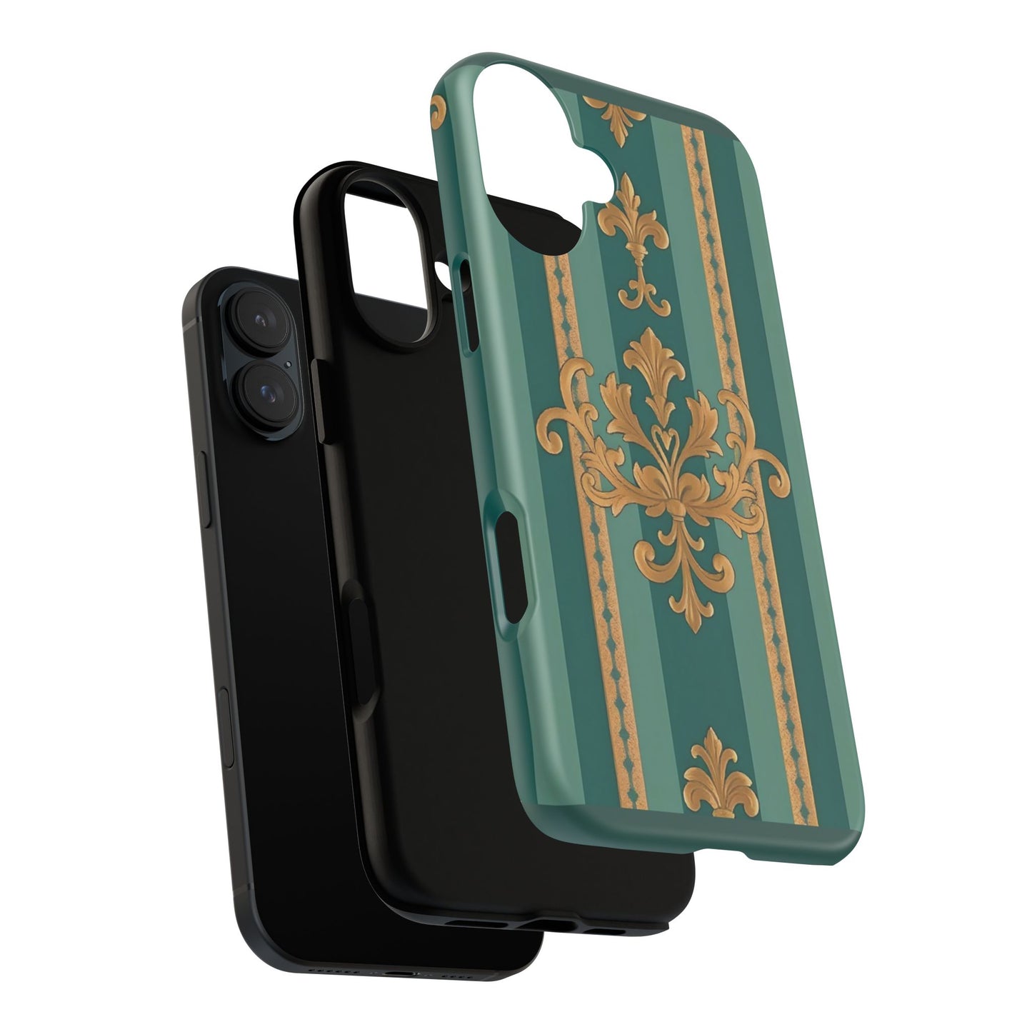 Elegant Floral Motif Phone Case - Tough Cases with Vintage Design - Teal Striped Gold Damask