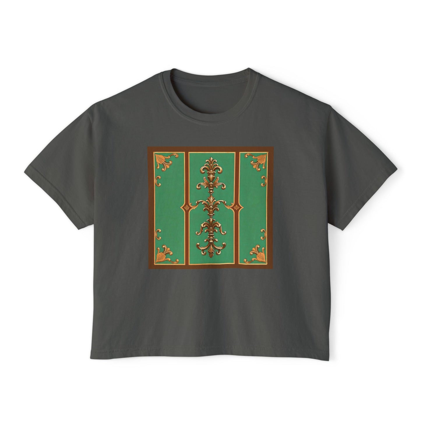 Elegant Vintage Floral Women's Boxy Tee - Trendy Casual Shirt for All Occasions - Rust & Green Striped Baroque
