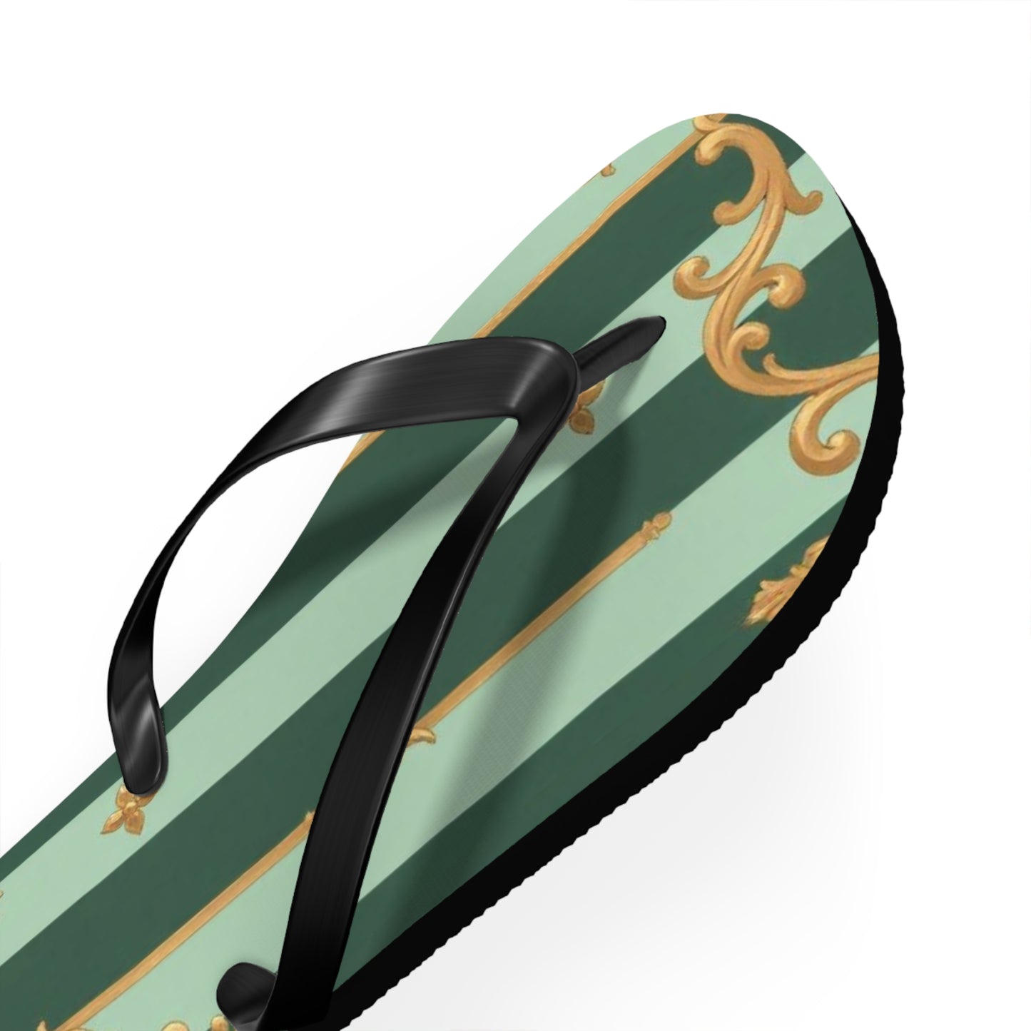 Elegant Patterned Flip Flops for Summer Fun, Beach Sandals, Casual Footwear, Vacation Essentials - Mint Green & Teal Striped Gold Baroque