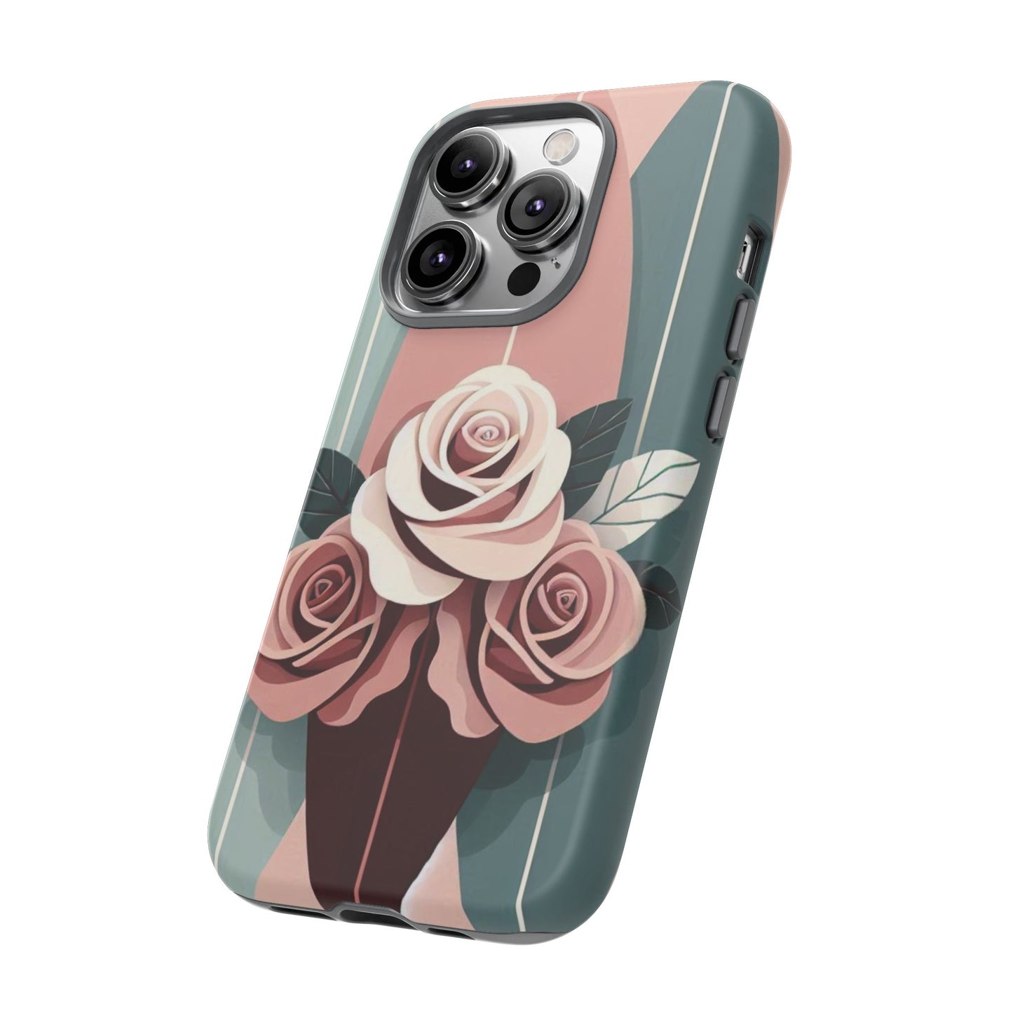 Phone Case - Burgundy, Matte Mauve & Teal Surfboard & Roses Design
