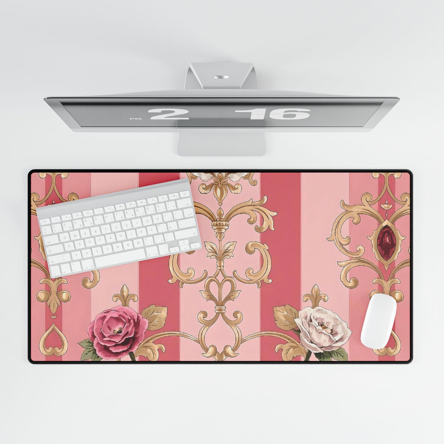 Elegant Floral Motif Desk Mat for Home Office Decor - Pink Striped Roses & Damask