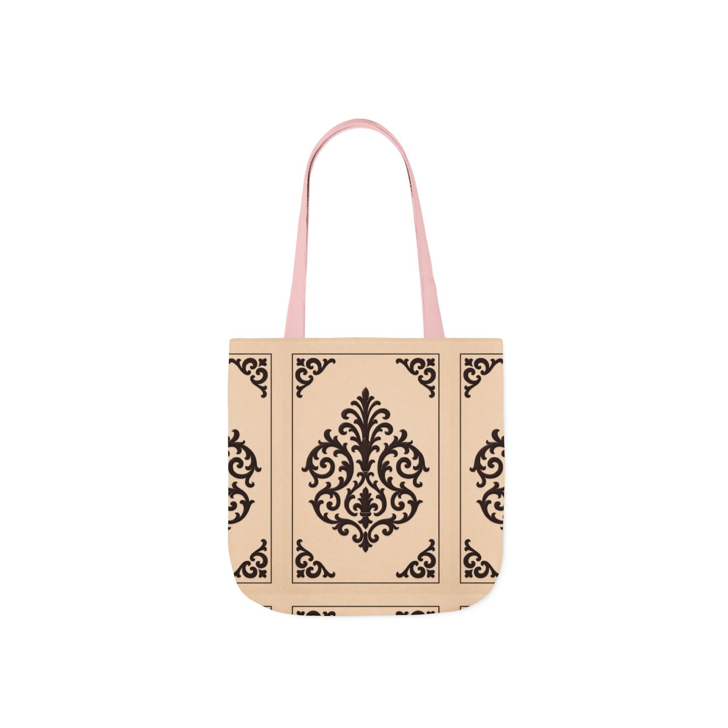 Almond-Beige & Brown Baroque Canvas Tote Bag — Elegant Vintage Pattern Beach & Market Bag