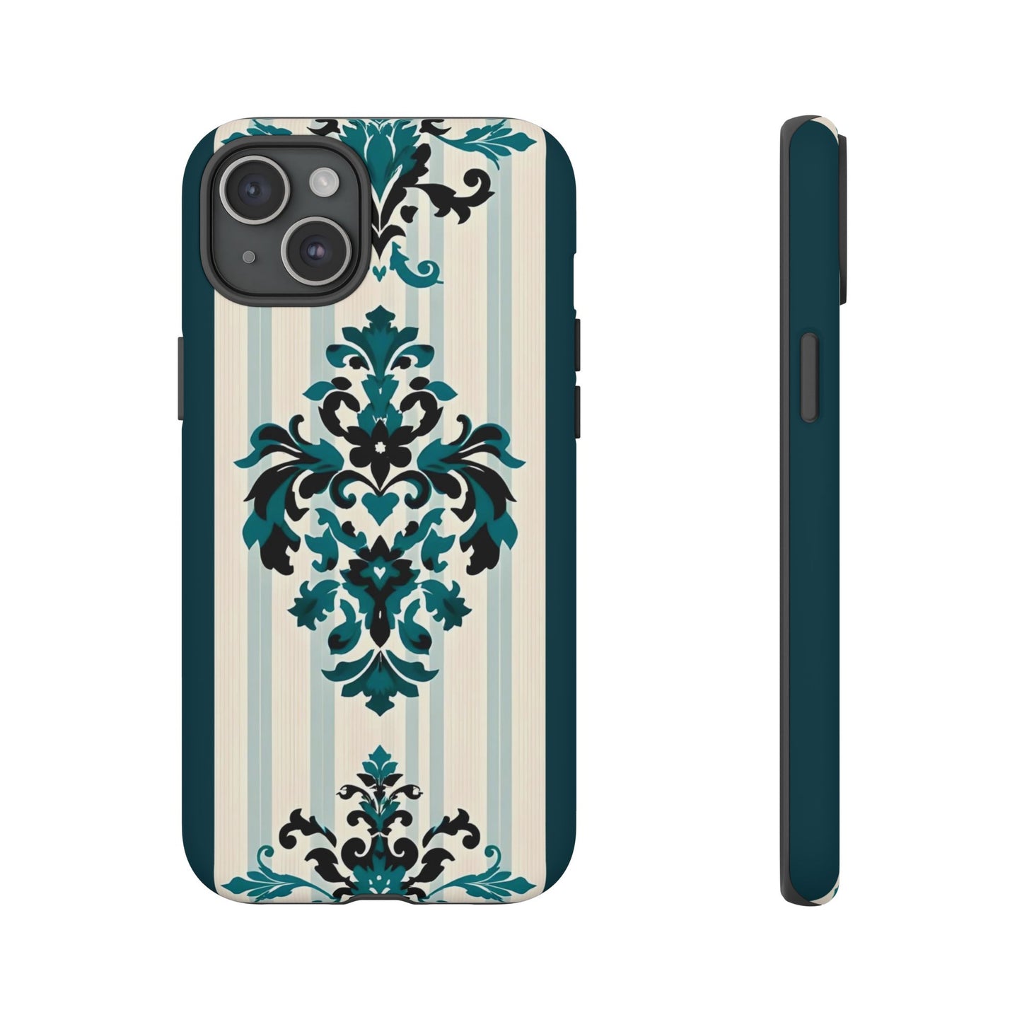 Elegant Floral Phone Case - Tough Cases with Vintage Design - Teal Striped Damask