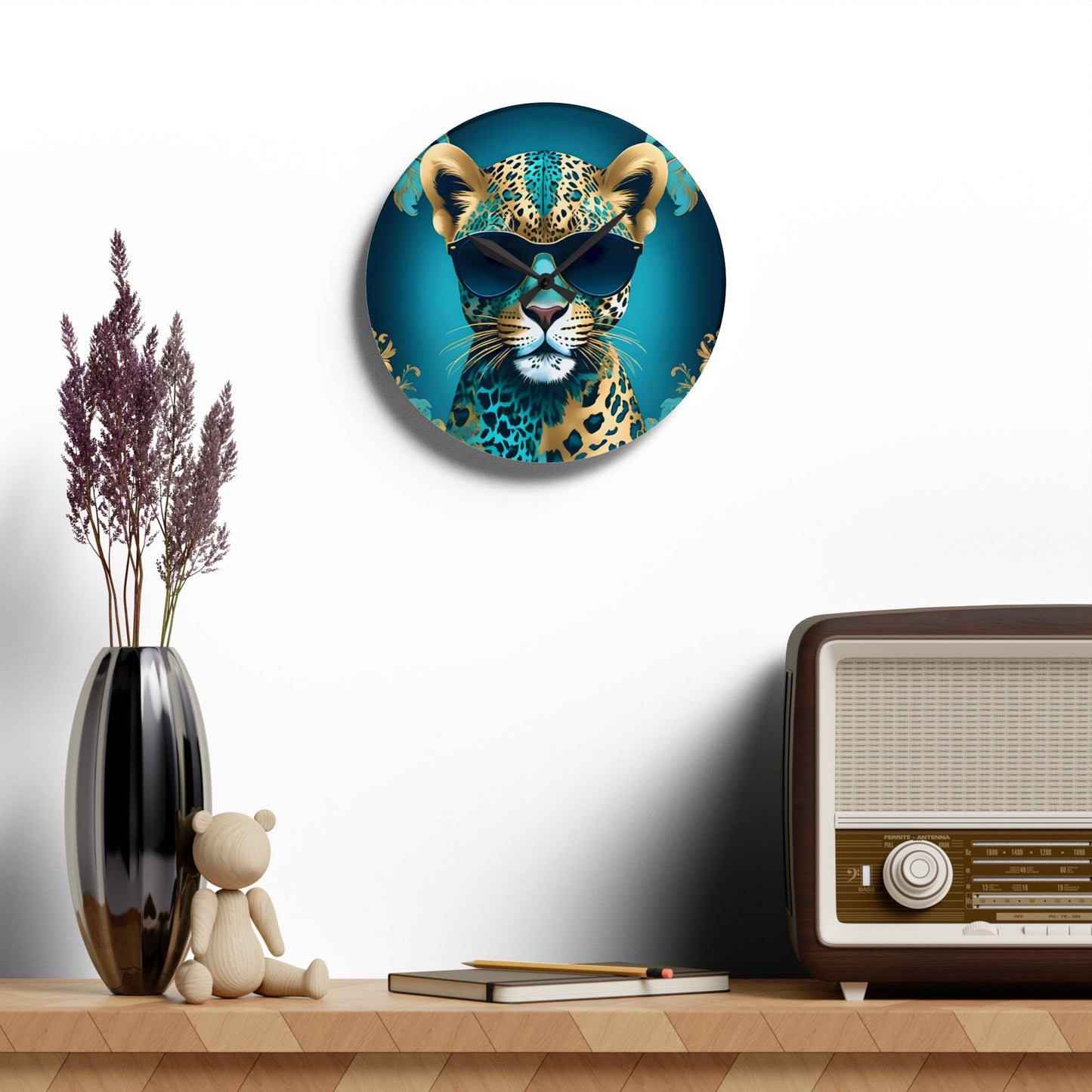 Animal Lover Wall Clock - Aqua & Gold Leopard In Shades - Fun & Elegant Art Design