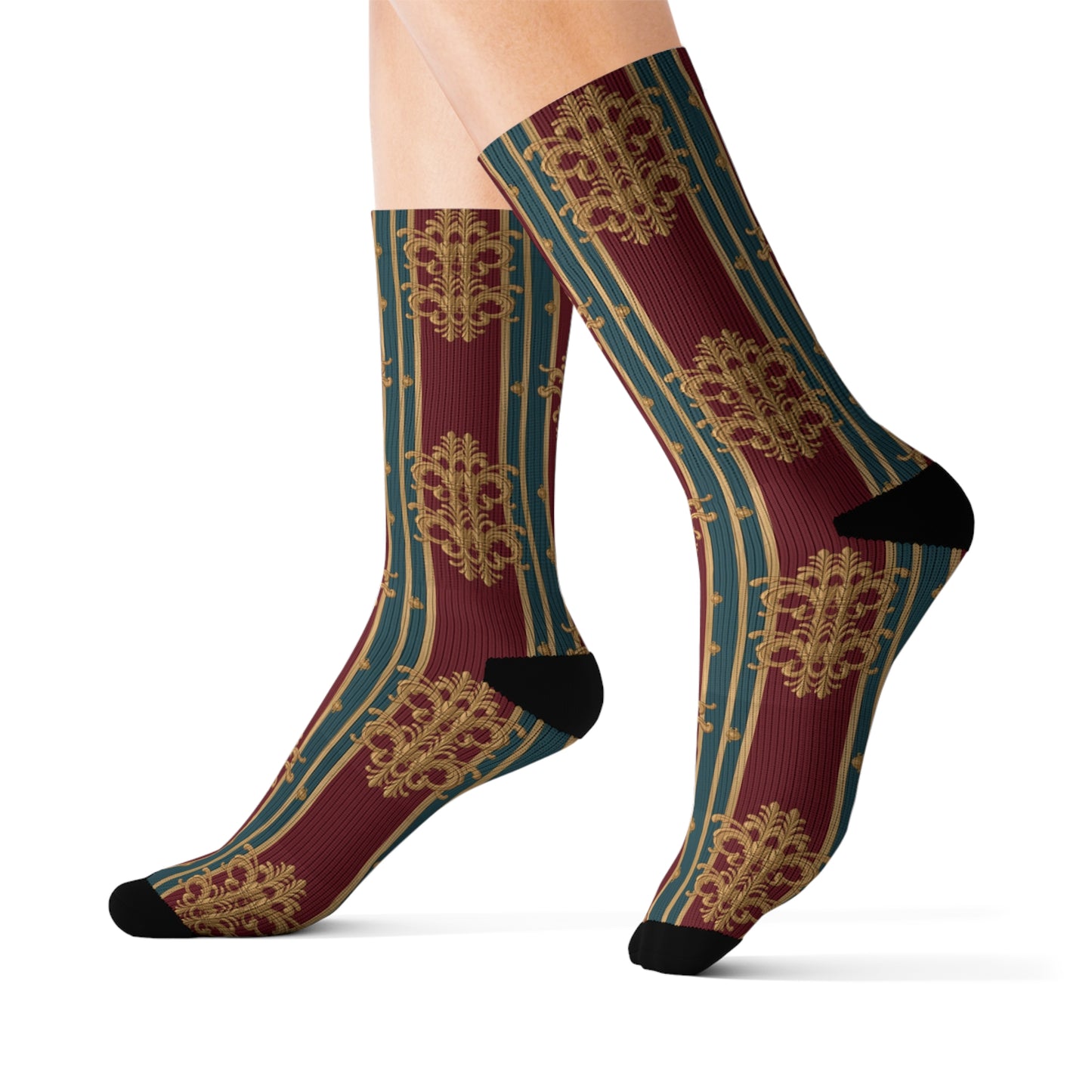 Elegant Unisex Patterned Sublimation Socks, Stylish Dress Socks, Unique Gift, Cozy Fashion Accessory - Burgundy Striped Gold Baroque
