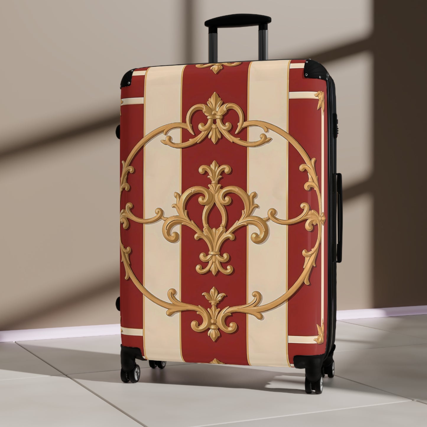 Elegant Travel Suitcase with Vintage Alabaster & Dusk Orange Striped Baroque Design