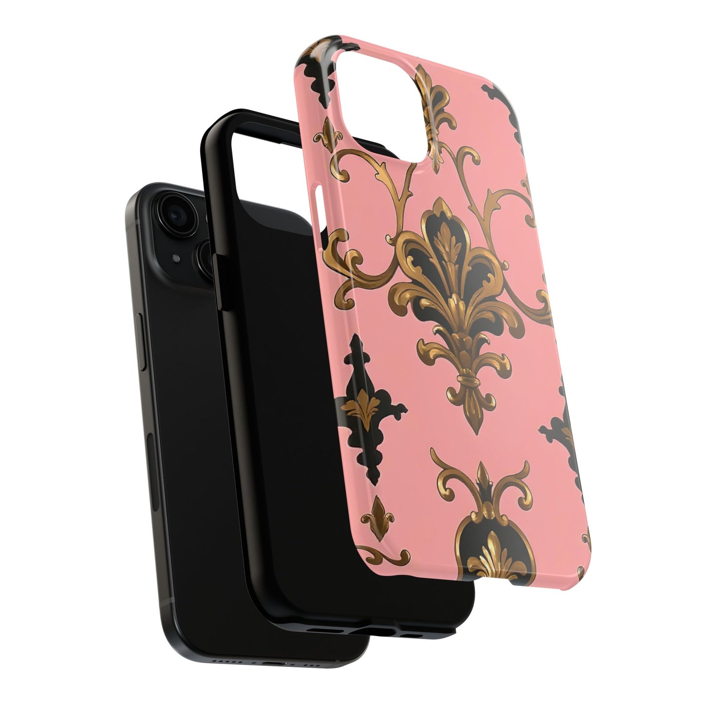 Chic Tough Phone Cases with Floral Design, Elegant Phone Cover, Durable Smartphone Case, Stylish Tech Accessory - Pink, Black & Gold Rococo