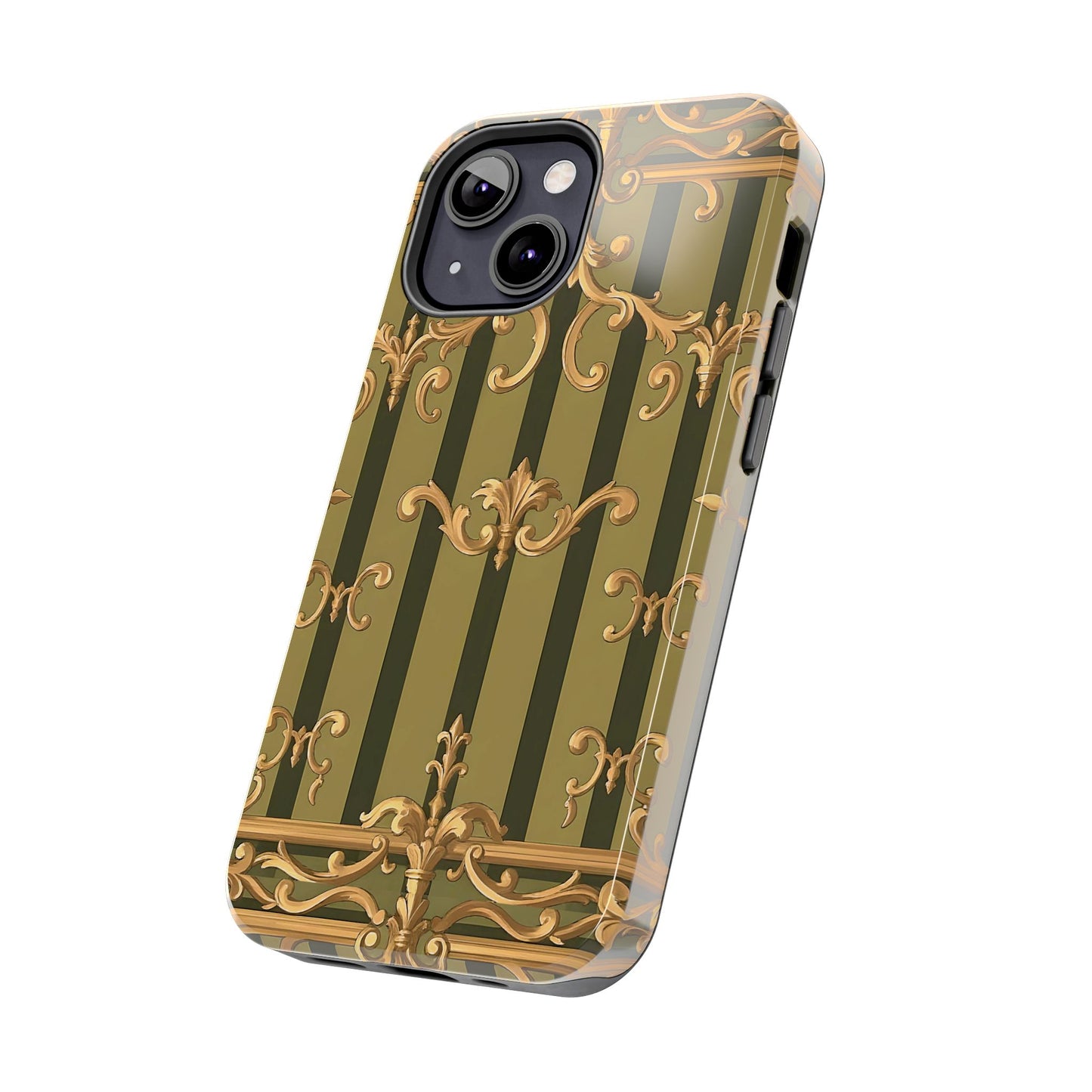 Elegant Vintage Phone Case - Tough Protection with Classy Design, Stylish Phone Cover for Fashion Lovers - Olive Green Striped Rococo