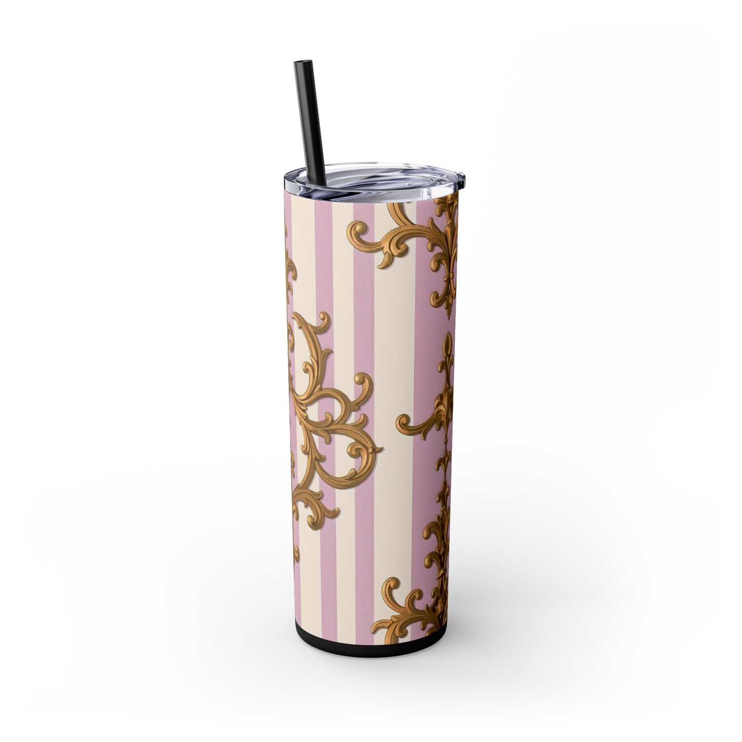 Elegant Pink Tumbler, Gold Patterned Travel Cup, Insulated Drink Holder, Stylish Coffee Tumbler - Lilac & Alabaster Striped Gold Baroque