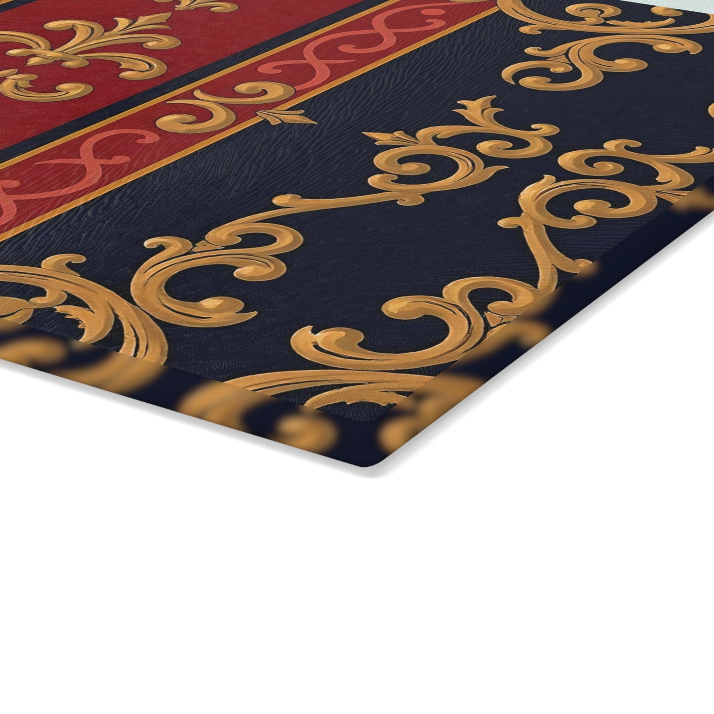 Elegant Ornate Glass Cutting Board, Kitchen Decor, Elegant Serving Tray, Housewarming Gift, Gourmet Cooking Essential - Midnight Blue & Dusk Red Gold Baroque