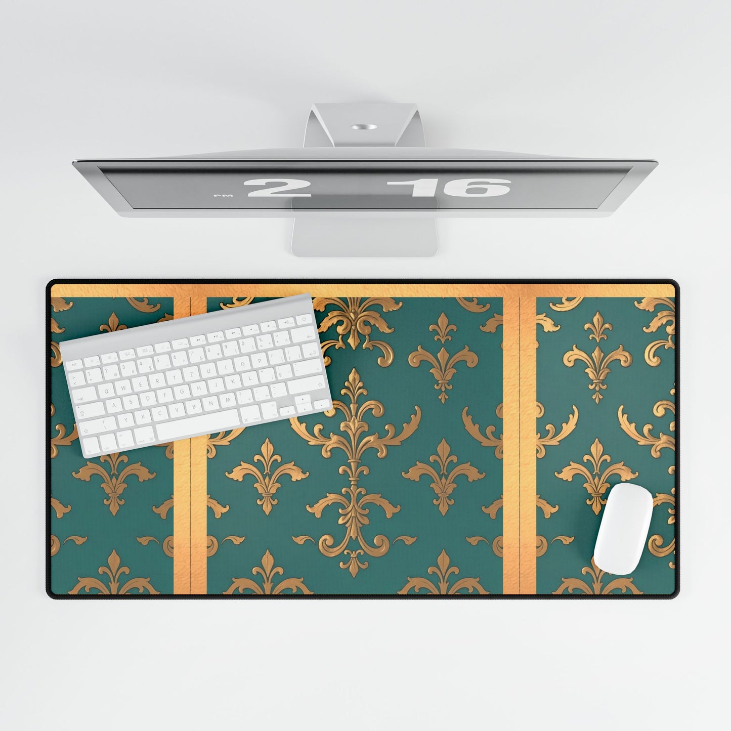 Elegant Floral Desk Mat for Home Office Decor - Aqua & Gold Damask