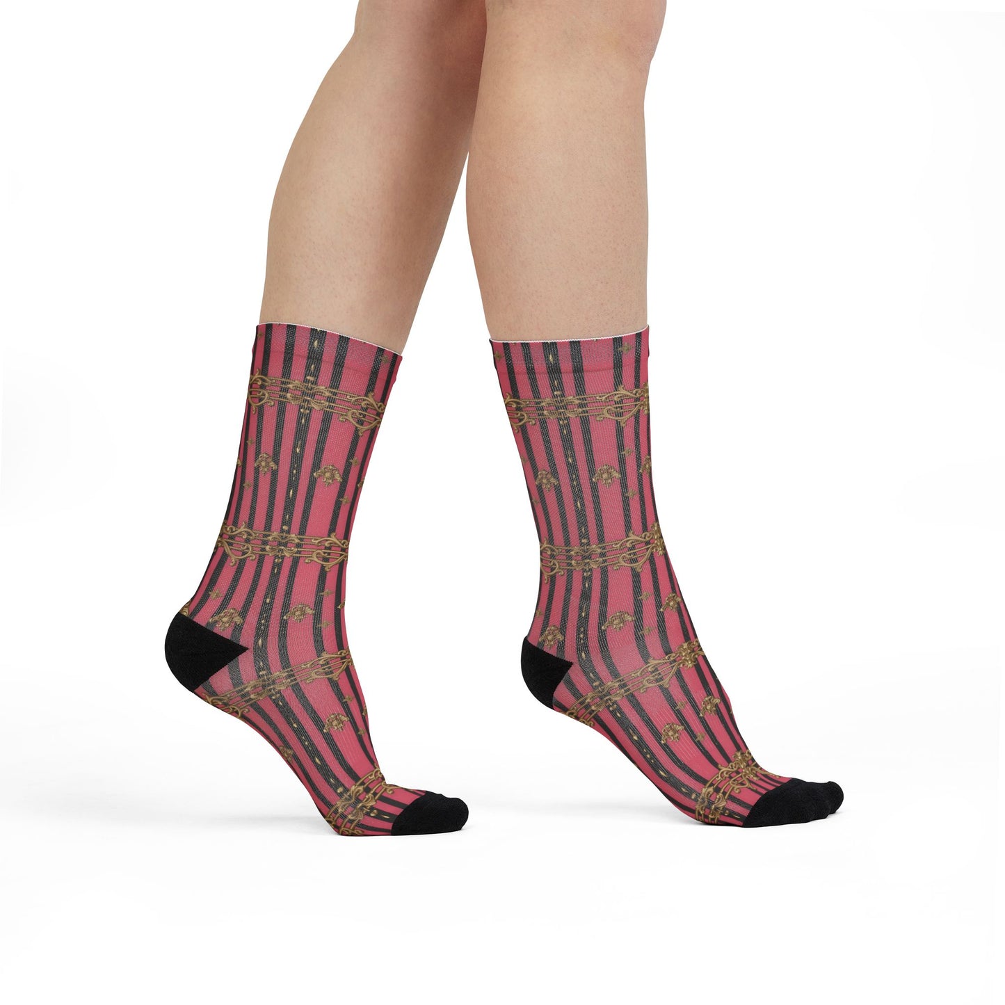 Chic Patterned Crew Socks | Fun Gift, Cozy Fashion, Unique Accessory, Everyday Wear, Stylish Socks - Pink Striped Gold Rococo