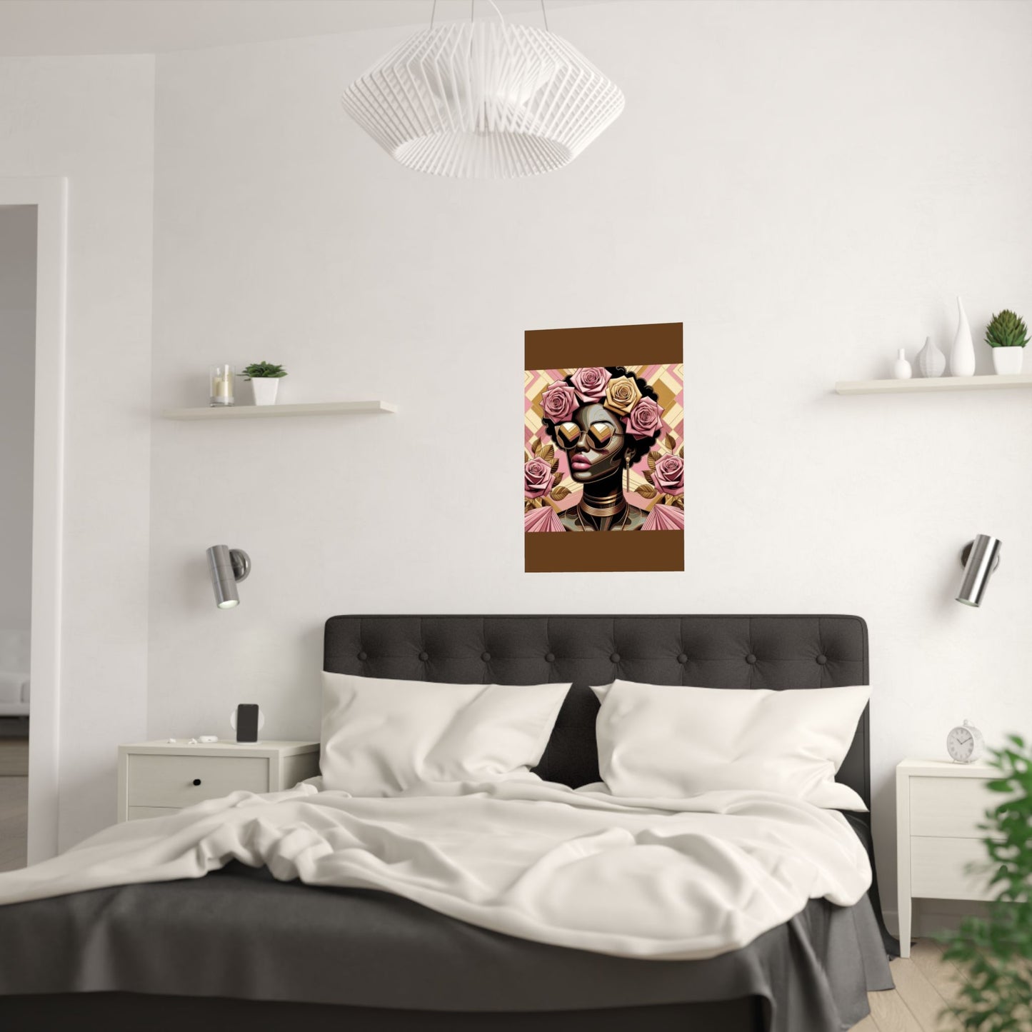Elegant Satin Poster | Black Woman Art Print | Floral Decor | Modern Wall Art | Home Decor | Gift for Her | Pink Roses Lady