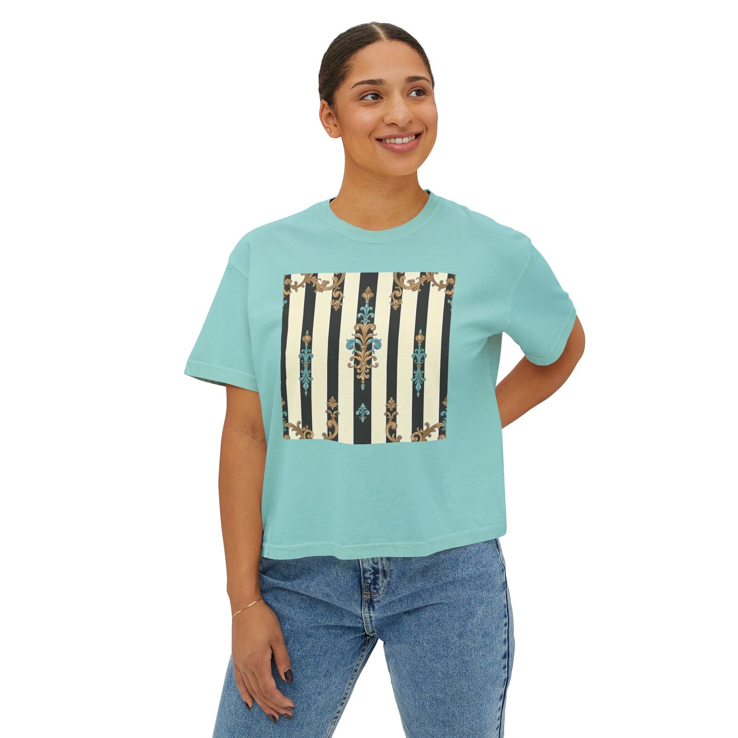 Women's Boxy Tee with Vintage Floral Design, Casual Tee, Summer Top, Gift for Her, Trendy T-Shirt - Black Striped Turquoise & Black Rococo