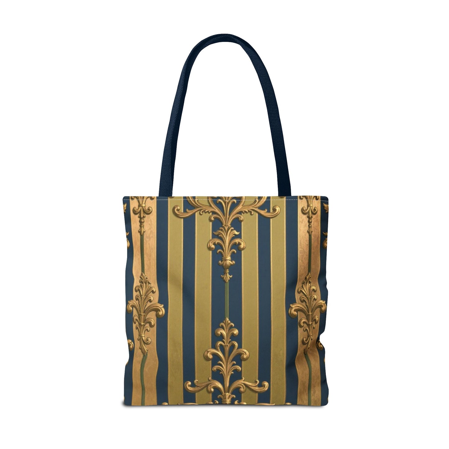 Elegant Midnight Blue & Olive Striped Gold Baroque Golden Striped Tote Bag, Stylish Shopping Bag, Trendy Handbag, Chic Gift for Her