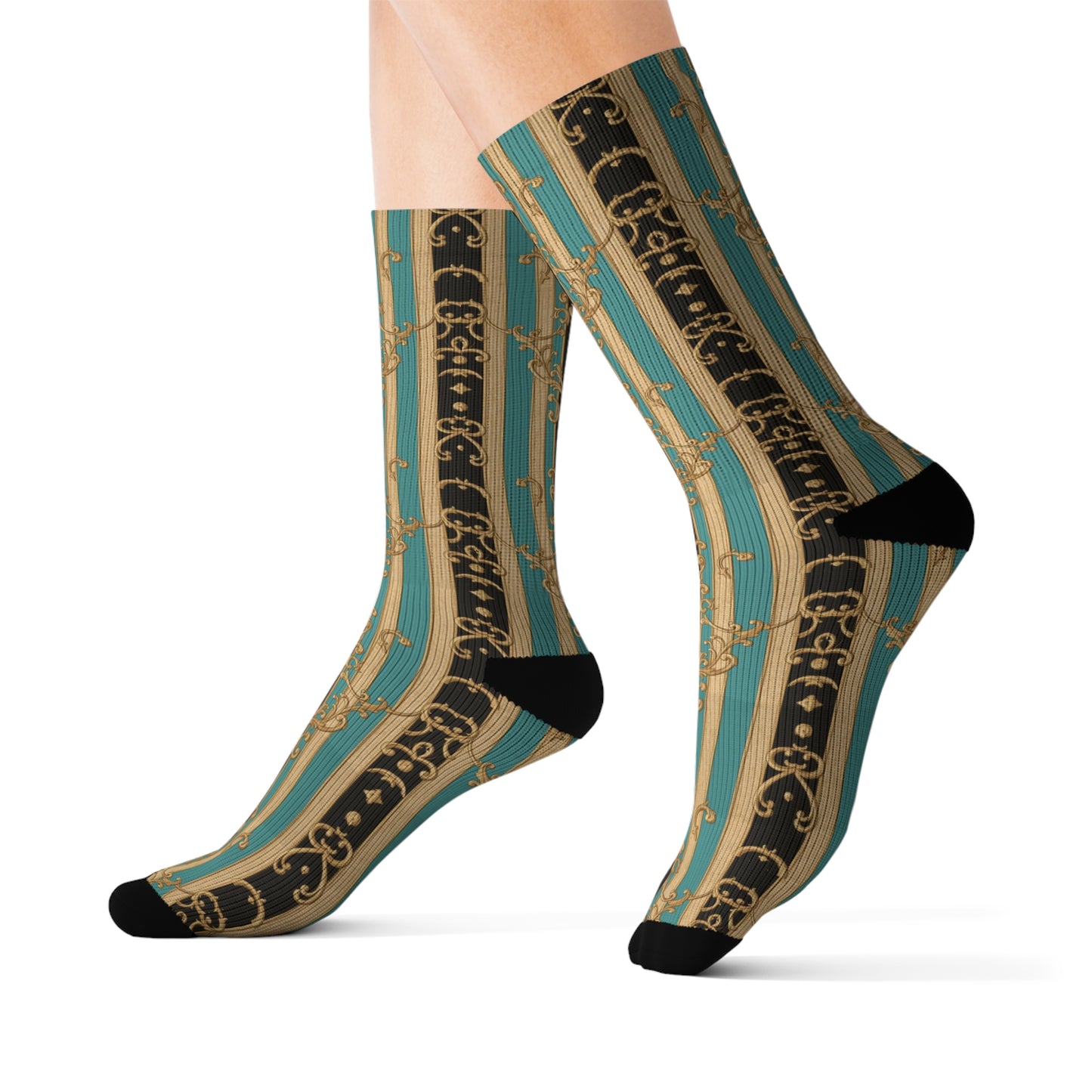 Stylish Black, Tan & Ocean Green Striped Gold Baroque Sublimation Socks, Unique Fashion Footwear, Trendy Gift for Fashion Lovers