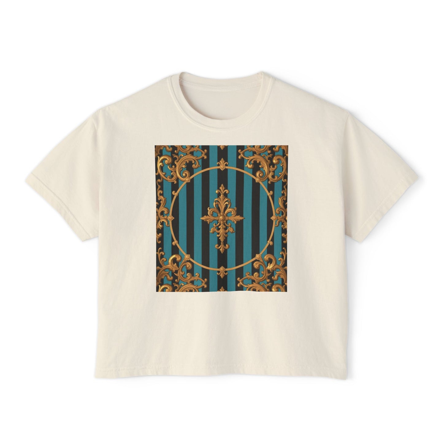 Chic Turquoise & Black Striped Gold Baroque Women's Boxy Tee with Vintage Inspired Design, Perfect for Casual Outings