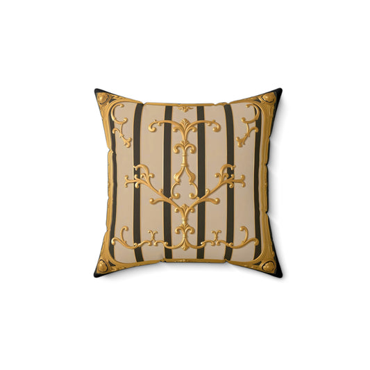 Elegant Faux Suede Square Pillow with Ornate Design, Decorative Cushion, Home Decor, Luxury Throw Pillow - Beige Striped Gold Rococo