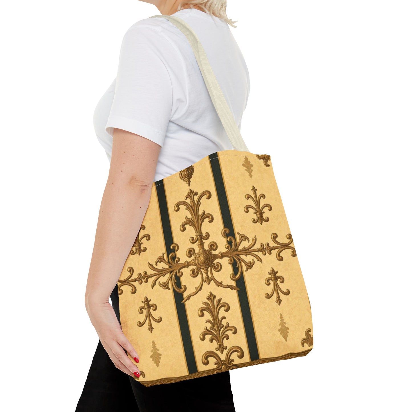 Elegant Baroque Pattern Tote Bag | Stylish Eco-friendly Shopping Bag, Beach Tote, Gift Bag, Daily Use - Matte Yellow Striped Antique Rococo