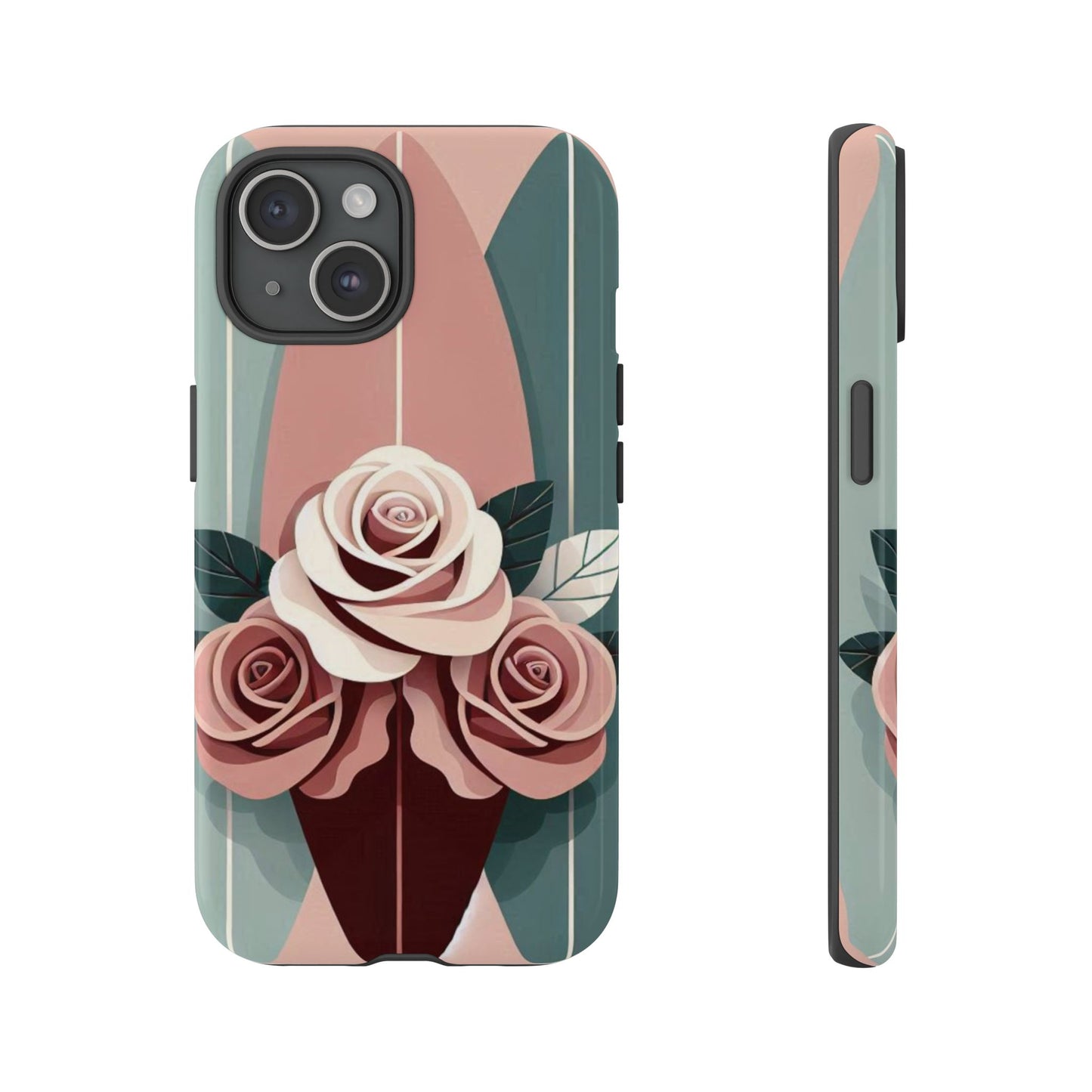 Phone Case - Burgundy, Matte Mauve & Teal Surfboard & Roses Design