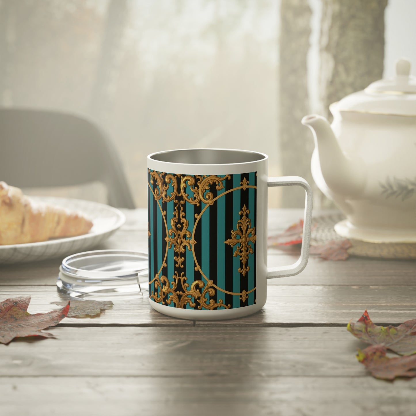 Elegant Turquoise & Black Striped Gold Baroque Insulated Coffee Mug, 10oz - Vintage Design for Coffee Lovers, Perfect Gift for Birthdays