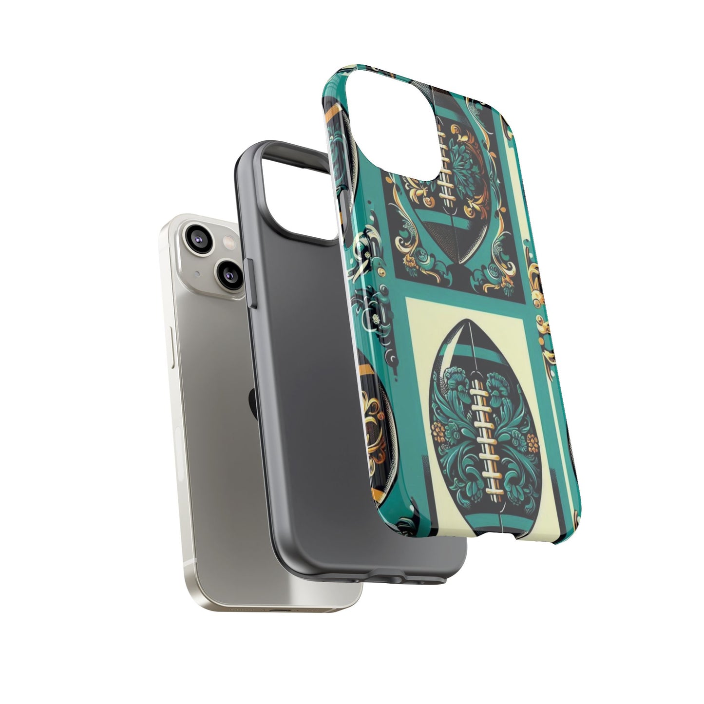Elegant Floral Motif Phone Case - Tough Cases with Vintage Design -  Damask Teal, Gold & Black Footballs