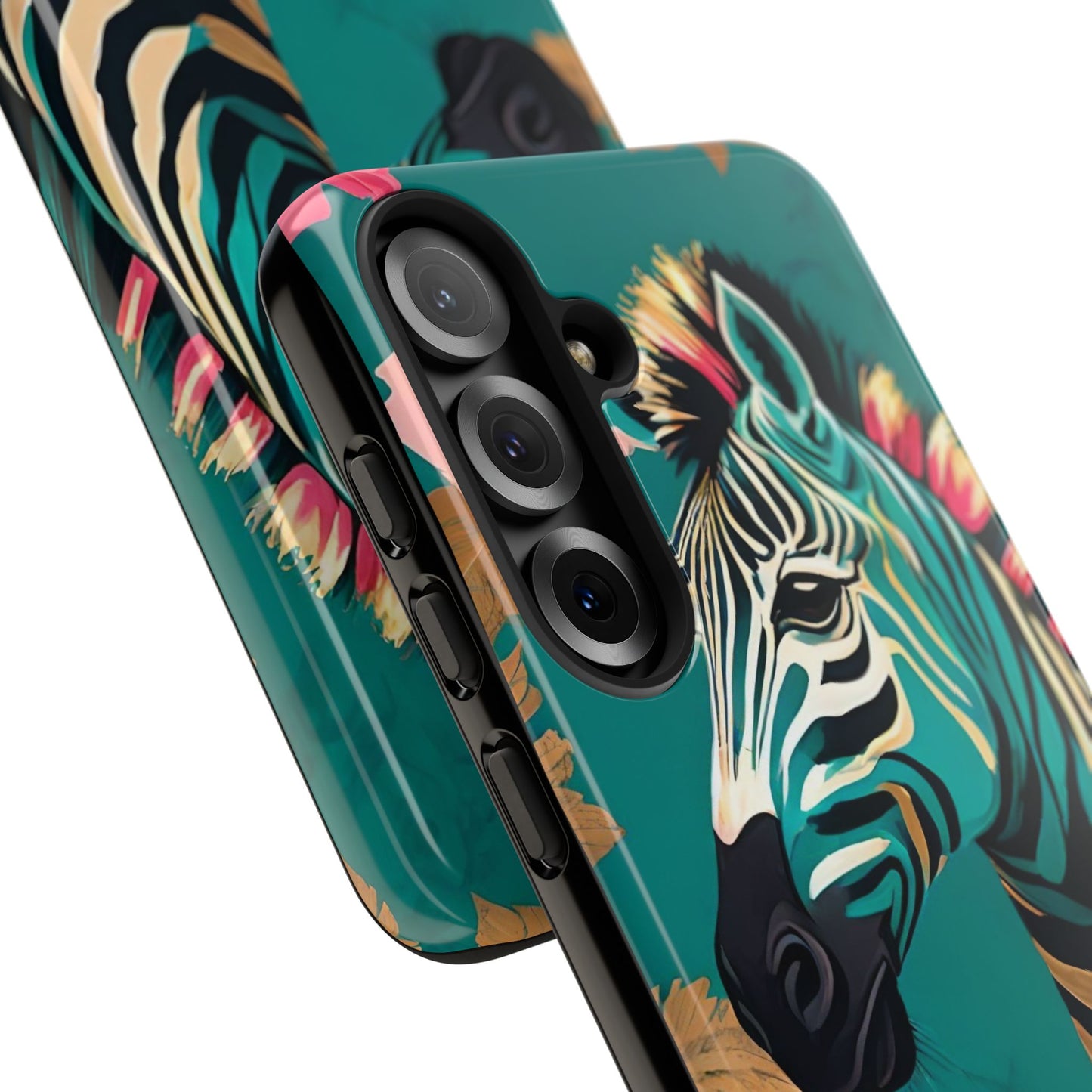 Phone Case - Elegant Teal & Gold Zebra & Roses Design