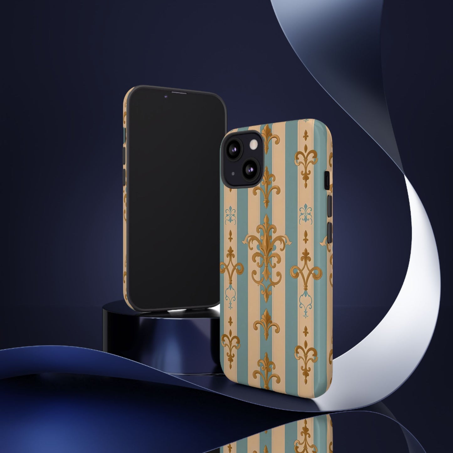 Elegant Floral Motif Phone Case - Tough Cases with Vintage Design -  Beige & Sky Blue Striped Gold Damask