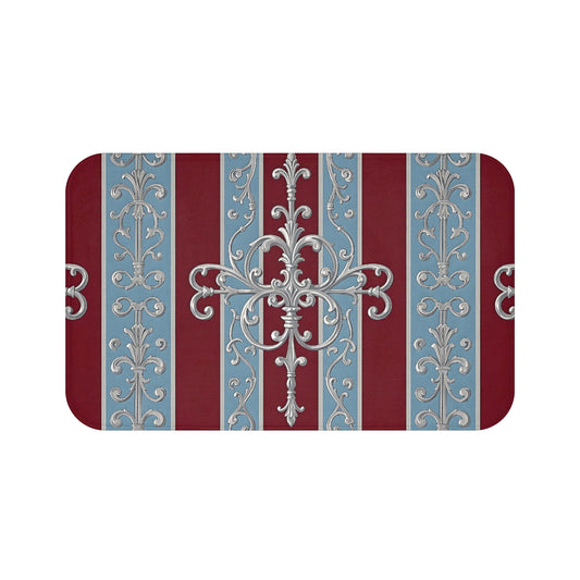 Elegant Vintage Bath Mat, Luxury Bathroom Decor, Classic Home Accessory, Sophisticated Floor Mat - Ice Blue & Burgundy Striped Baroque