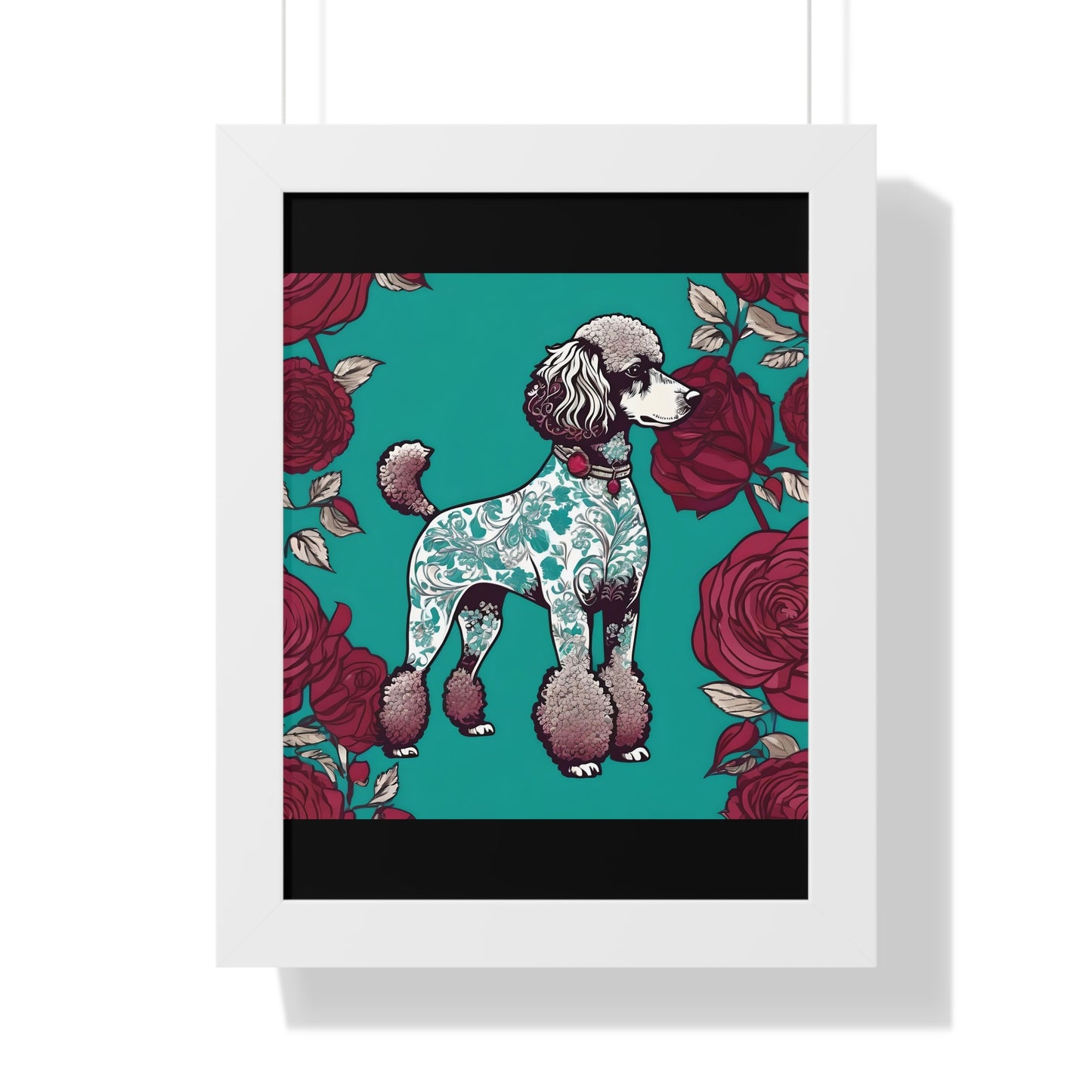 Vertical Poster - Stylish Framed - Art for Home Decor - Damask Aqua & White Poodle With Burgundy Roses