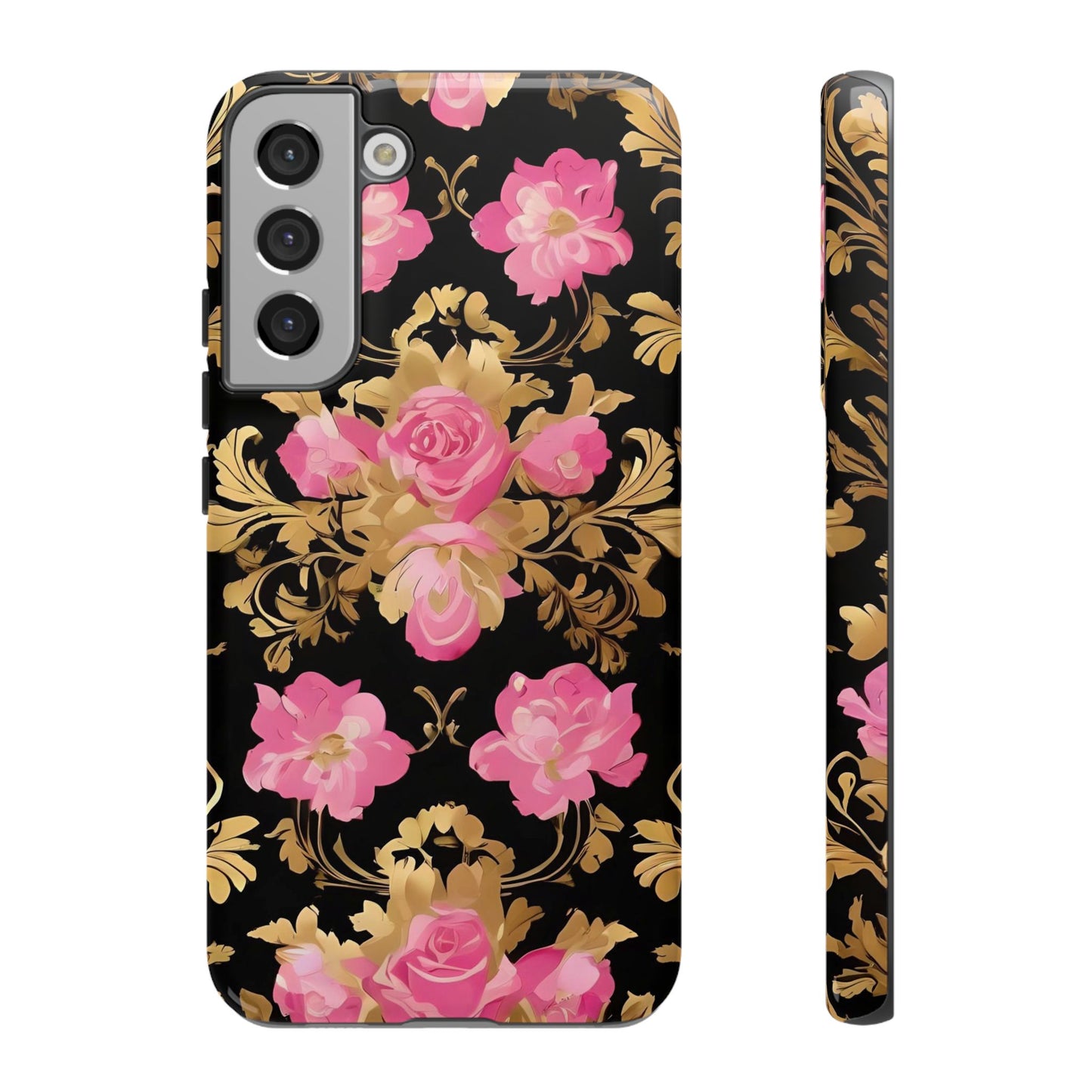 Elegant Floral Motif Phone Case - Tough Cases with Vintage Design - Pink & Gold Roses
