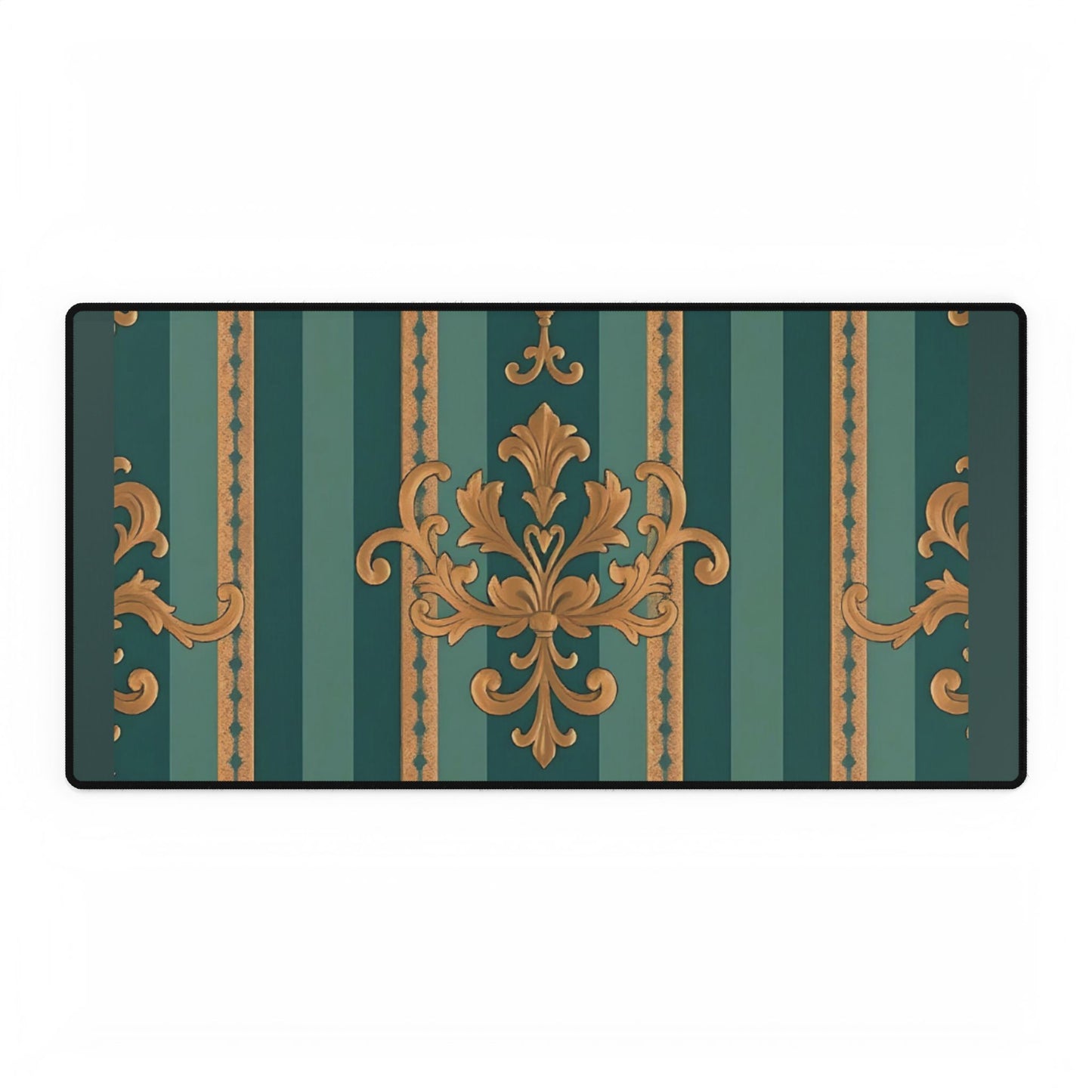Elegant Floral Motif Desk Mat for Home Office Decor - Teal Striped Gold Damask