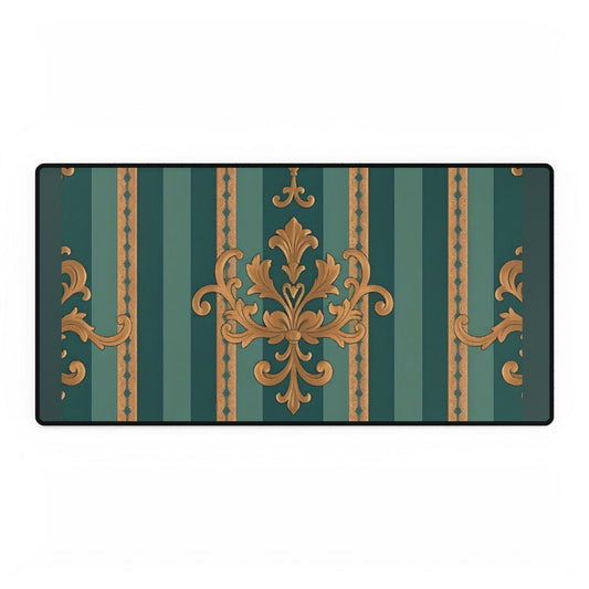 Elegant Floral Motif Desk Mat for Home Office Decor - Teal Striped Gold Damask