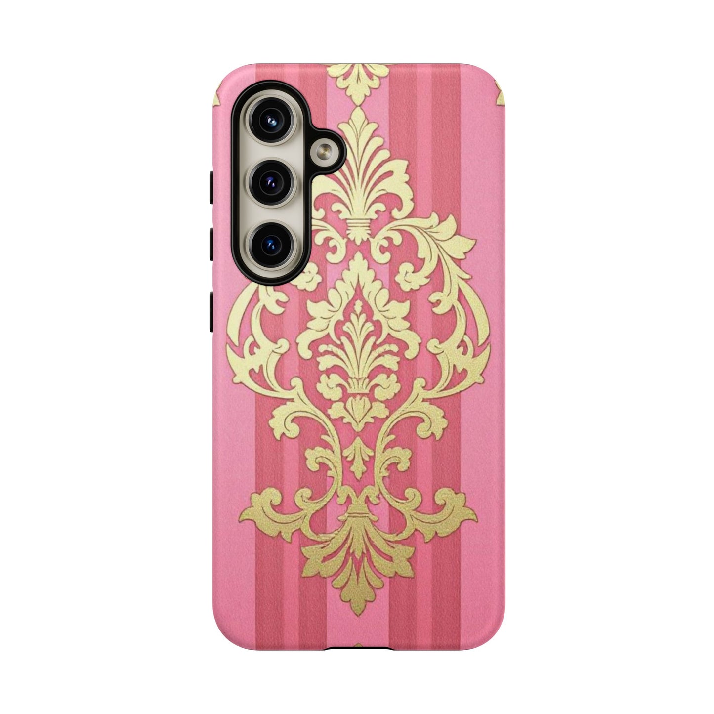 Elegant Floral Motif Phone Case - Tough Cases with Vintage Design - Pink Striped Damask