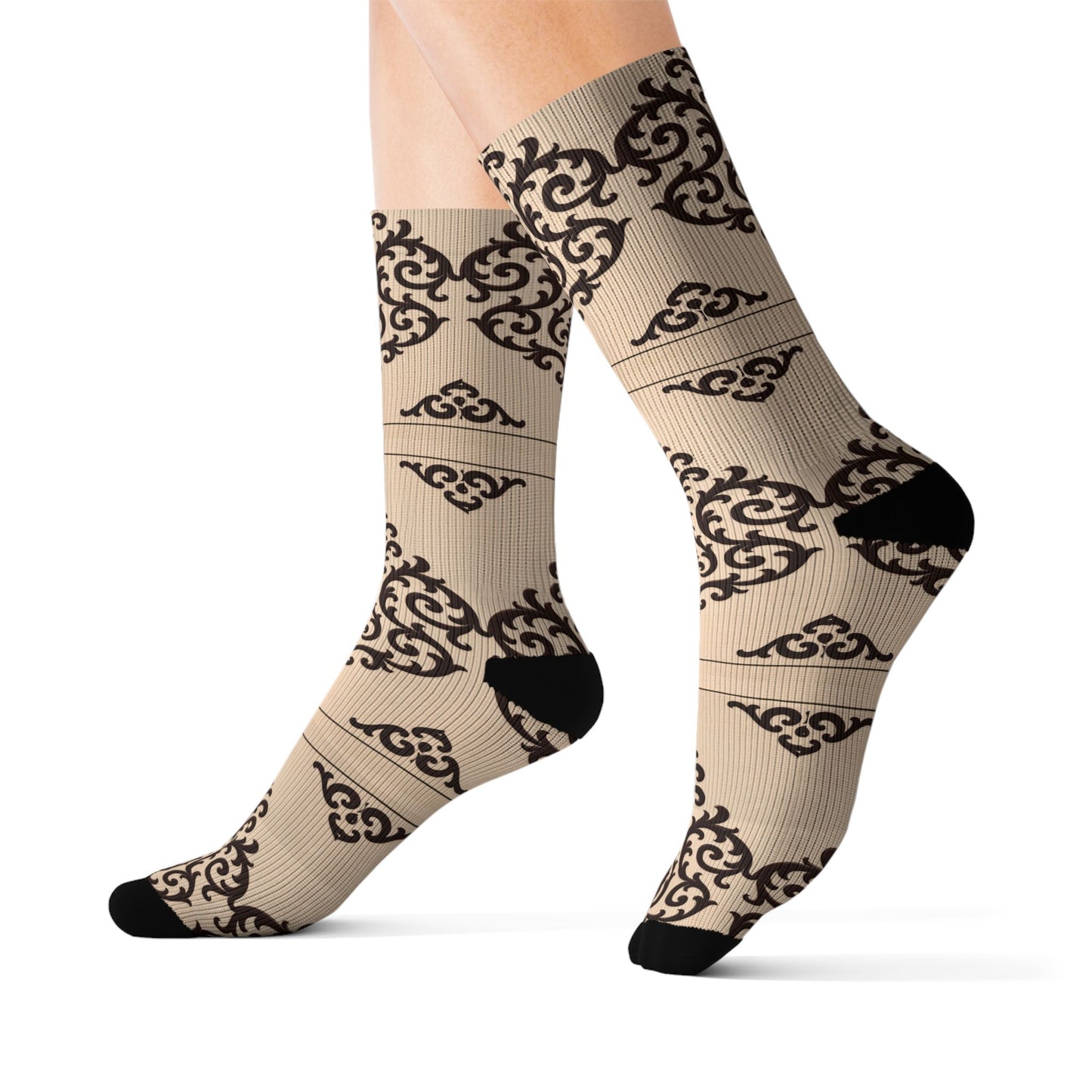 Almond-Beige & Brown Baroque Sublimation Socks – Vintage Baroque Pattern Crew Socks