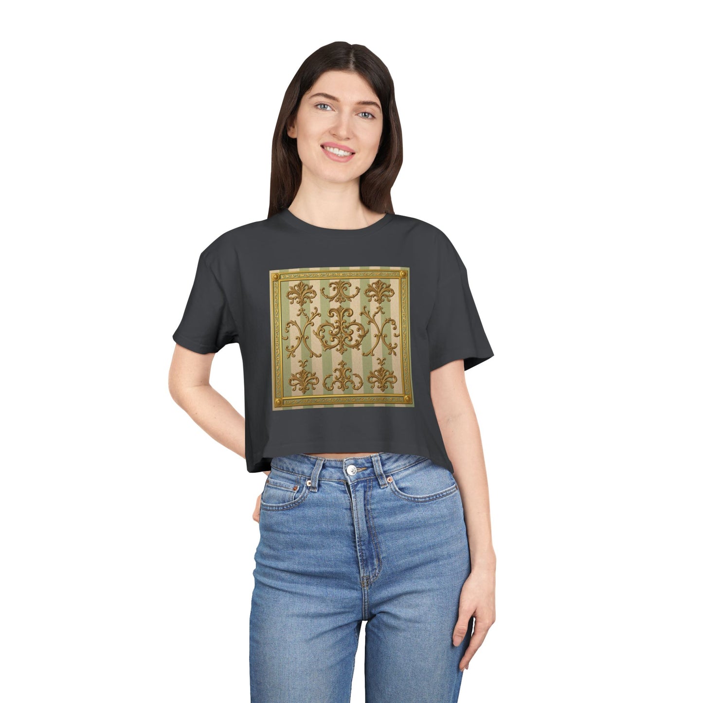 Stylish Women's Crop Tee with Elegant Print, Summer Fashion Top, Casual Chic Shirt, Gift for Her, Trendy Outfit - Mint & Beige Striped Gold Baroque