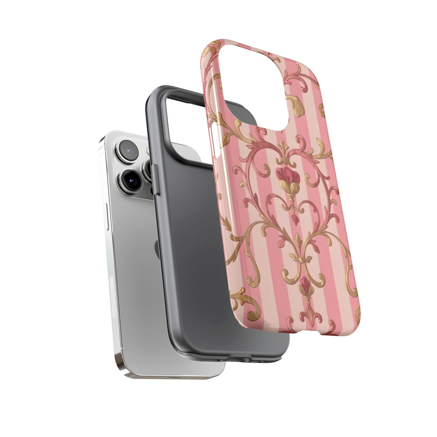 Elegant Floral Motif Phone Case - Tough Cases with Vintage Design - Pink Striped Rose Gold Damask
