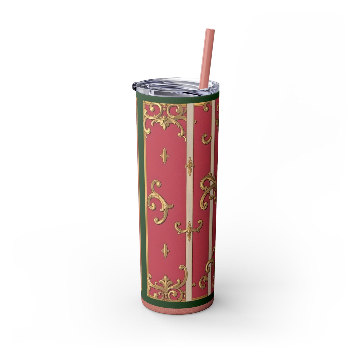 Elegant Green Border Pink Striped Baroque Skinny Tumbler with Straw, Reusable Travel Mug, Gift for Her, Fashionable Drinkware