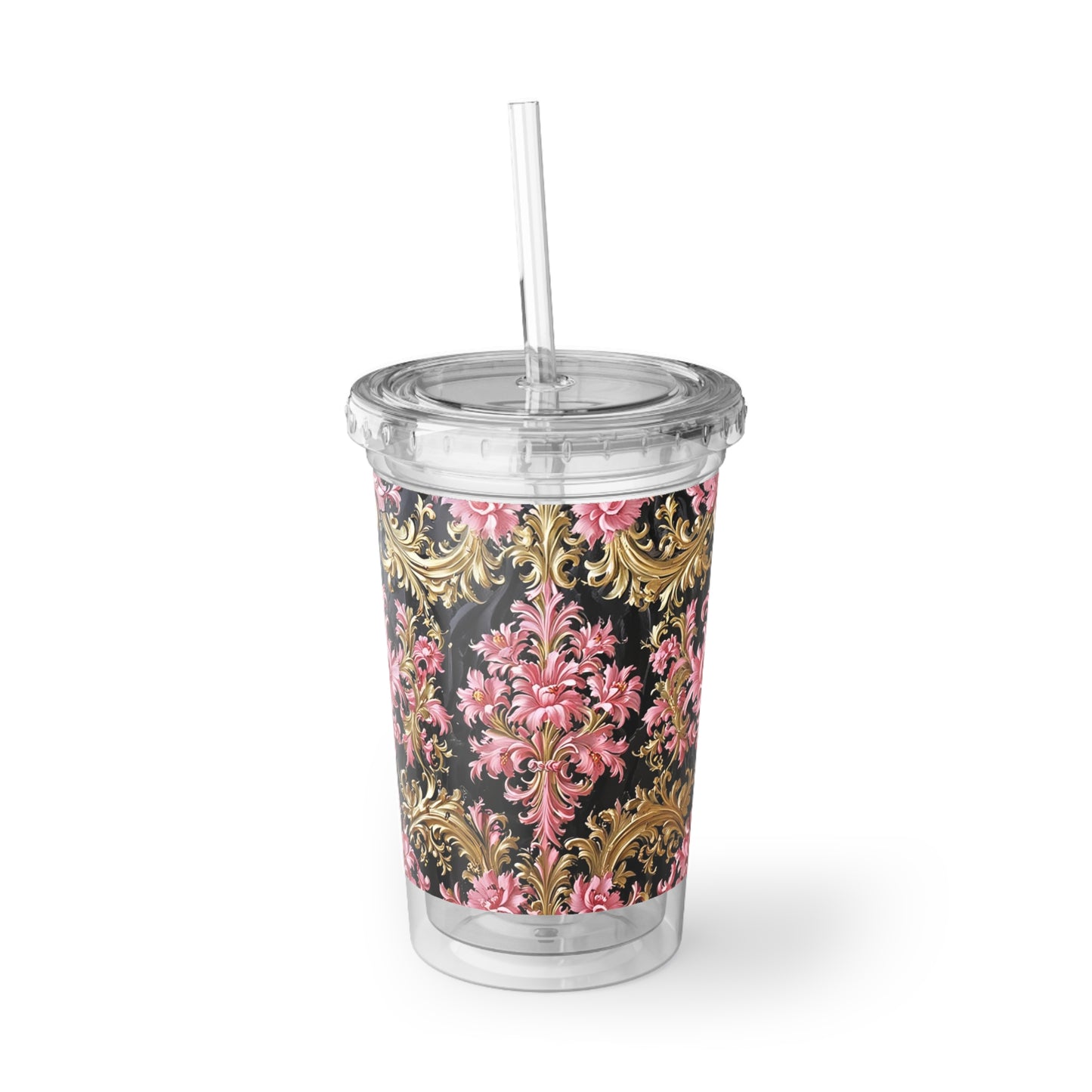 Chic Floral Acrylic Cup, Stylish Drinkware, Floral Tumbler, Gift for Her, Travel Cup, Coffee Cup, Party Favor - Black & Pink Oil Painting Style Rococo