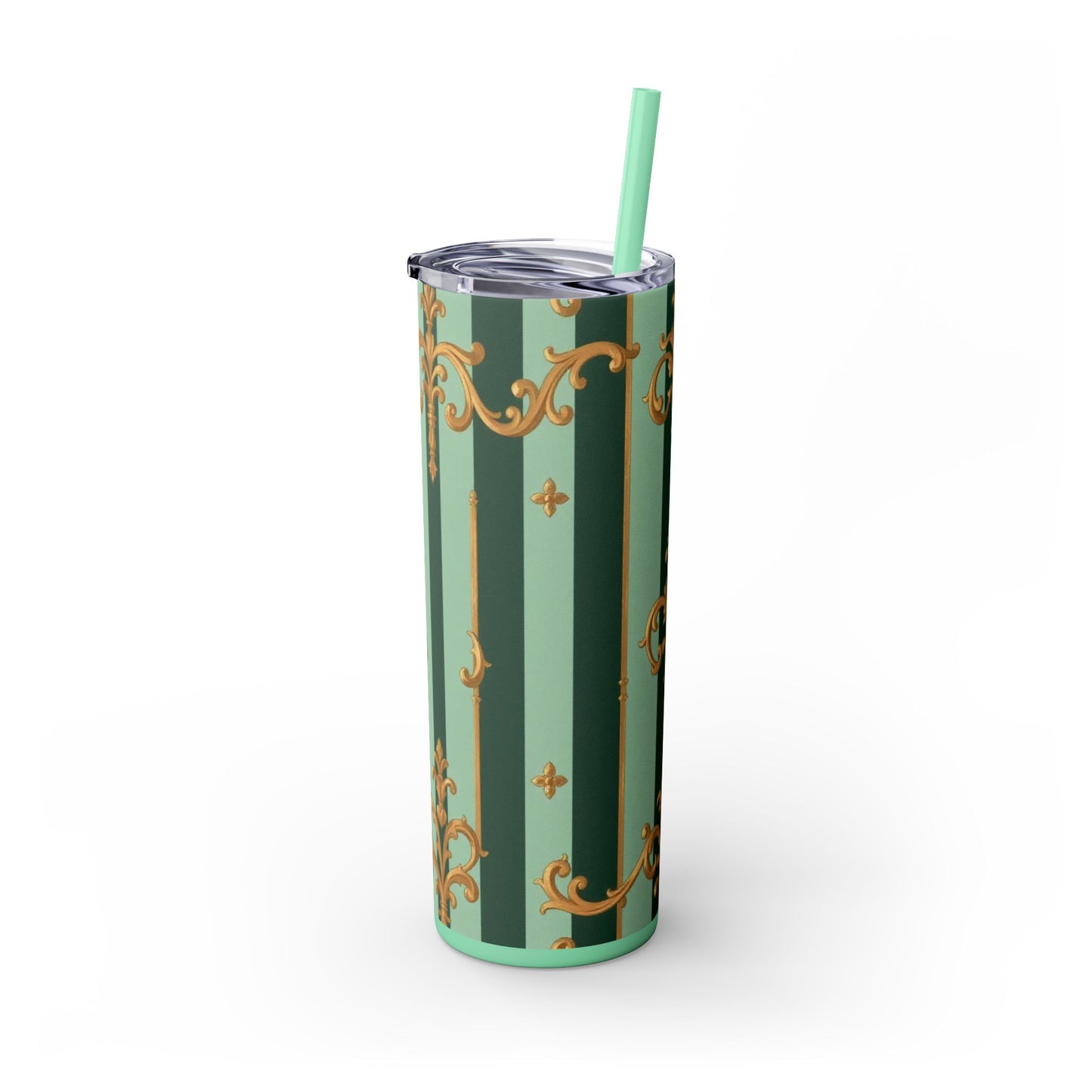 Elegant Floral Skinny Tumbler with Straw, 20oz – Stylish Travel Mug, Eco-Friendly Reusable Cup - Mint Green & Teal Striped Gold Baroque