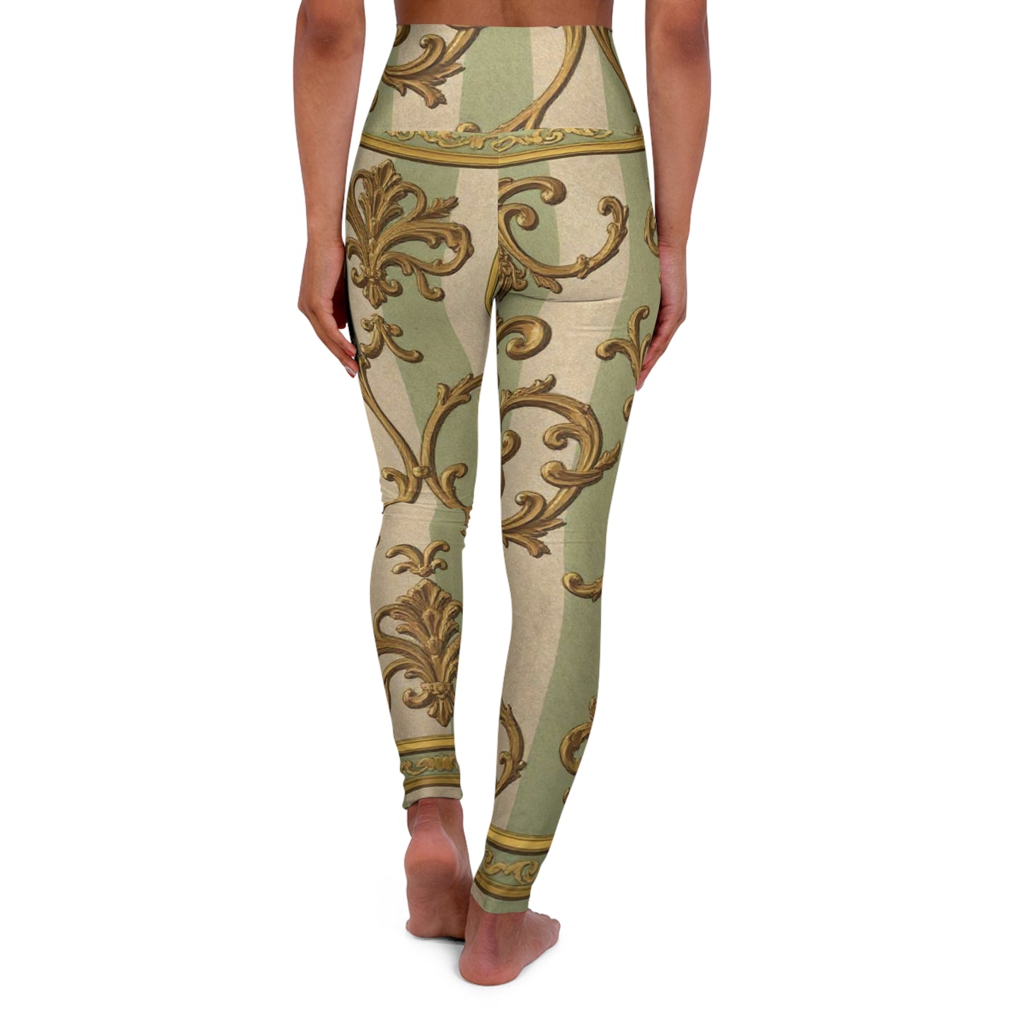 Elegant High Waisted Yoga Leggings - Stylish Activewear for Fitness, Yoga, and Leisure - Mint & Beige Striped Gold Baroque