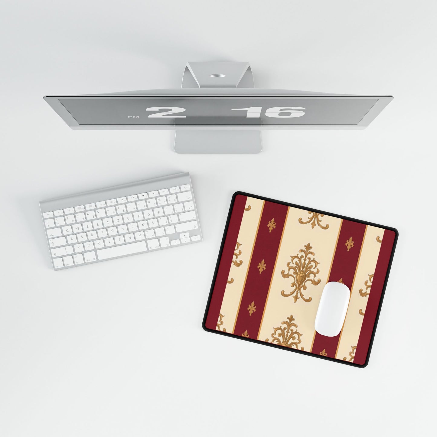 Elegant Floral Motif Desk Mat for Home Office Decor - Dusk Red Striped Gold Damask