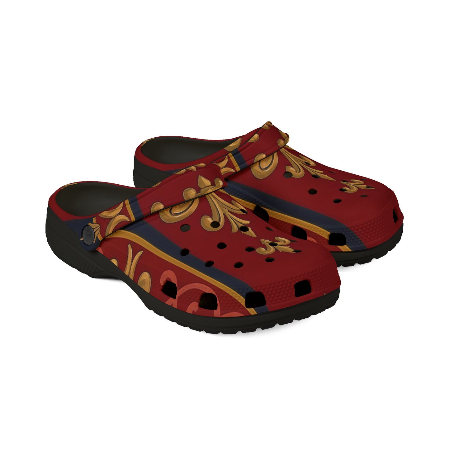Elegant All-Over Print EVA Foam Clogs for Comfort and Style, Slip-On Shoes, Fashion Footwear - Midnight Blue & Dusk Red Gold Baroque