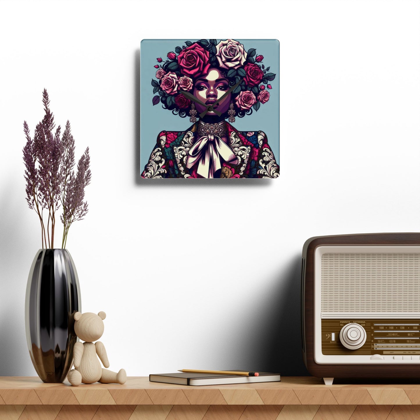 Bohemian Afro-Inspired Acrylic Wall Clock with Floral Design - Lady In Damask Suit & Roses Design