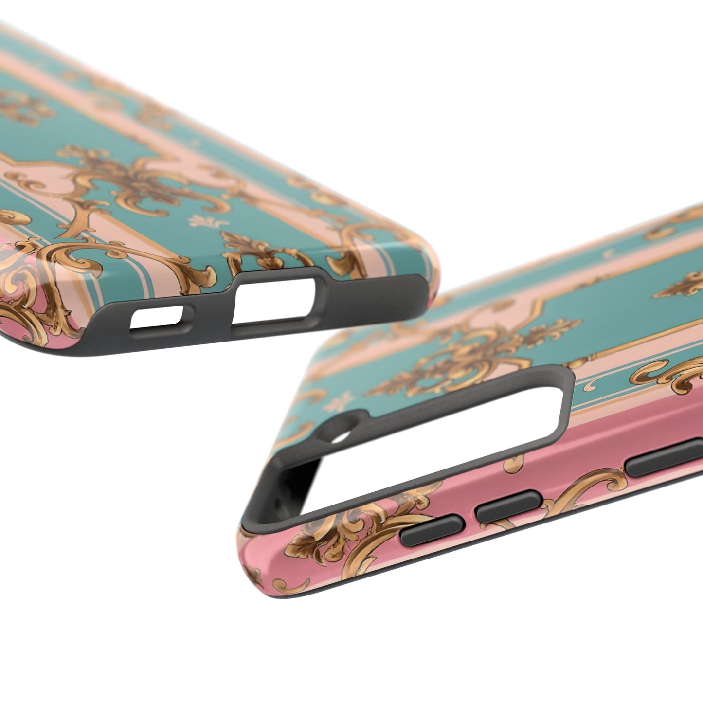 Elegant Floral Tough Phone Case, Artistic Phone Cover, Gift for Her, Chic Phone Accessory - Pink & Matte Turquoise Striped Rococo